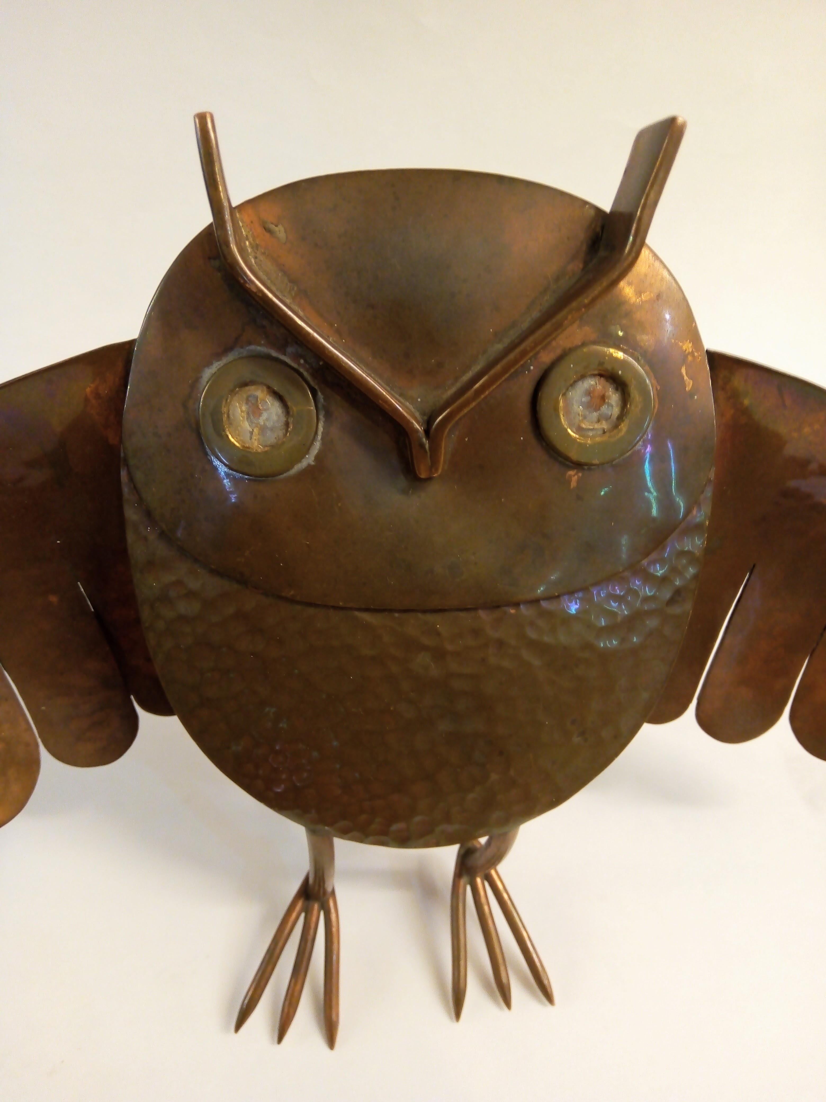 Modern Whimsical Standing Owl in Oxidized & Hammered Copper handmade by Los Castillo