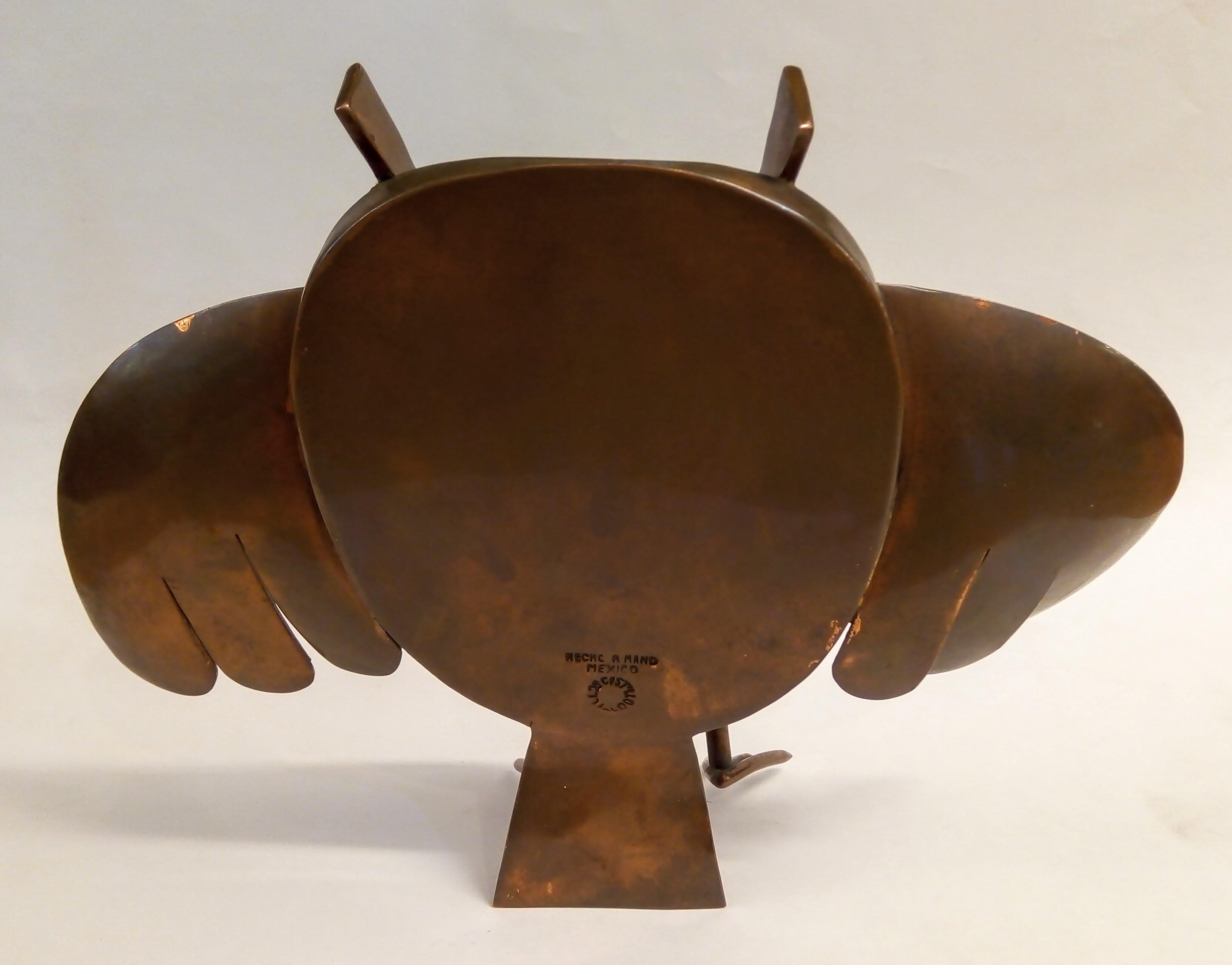 Mid-20th Century Whimsical Standing Owl in Oxidized & Hammered Copper handmade by Los Castillo