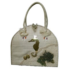 Whimsical Straw Raffia Sea Life Theme Kitschy Resort Handbag c 1970s