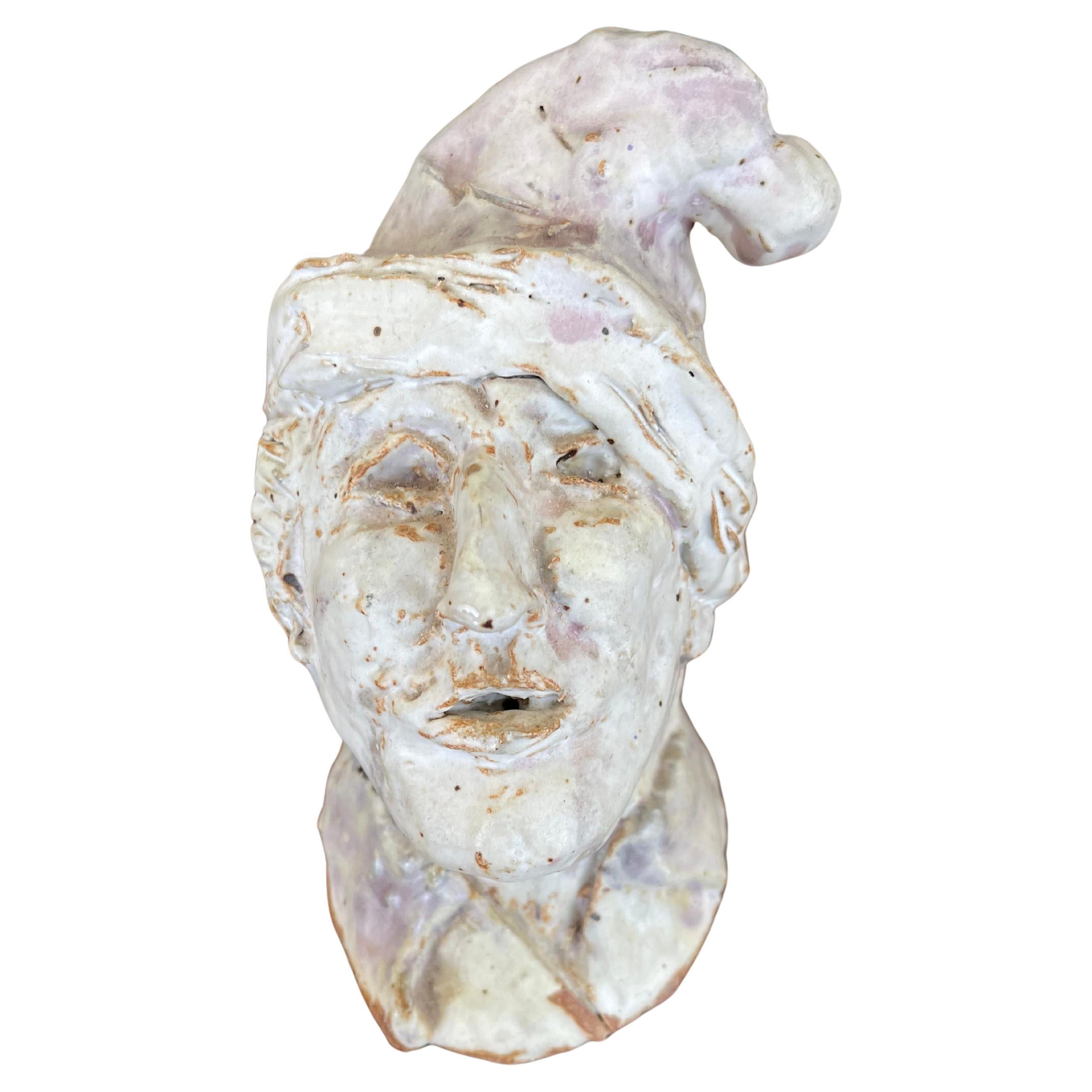 Whimsical Studio Ceramic Sculpture Bust with Glazed Cap, Mid-20th Century