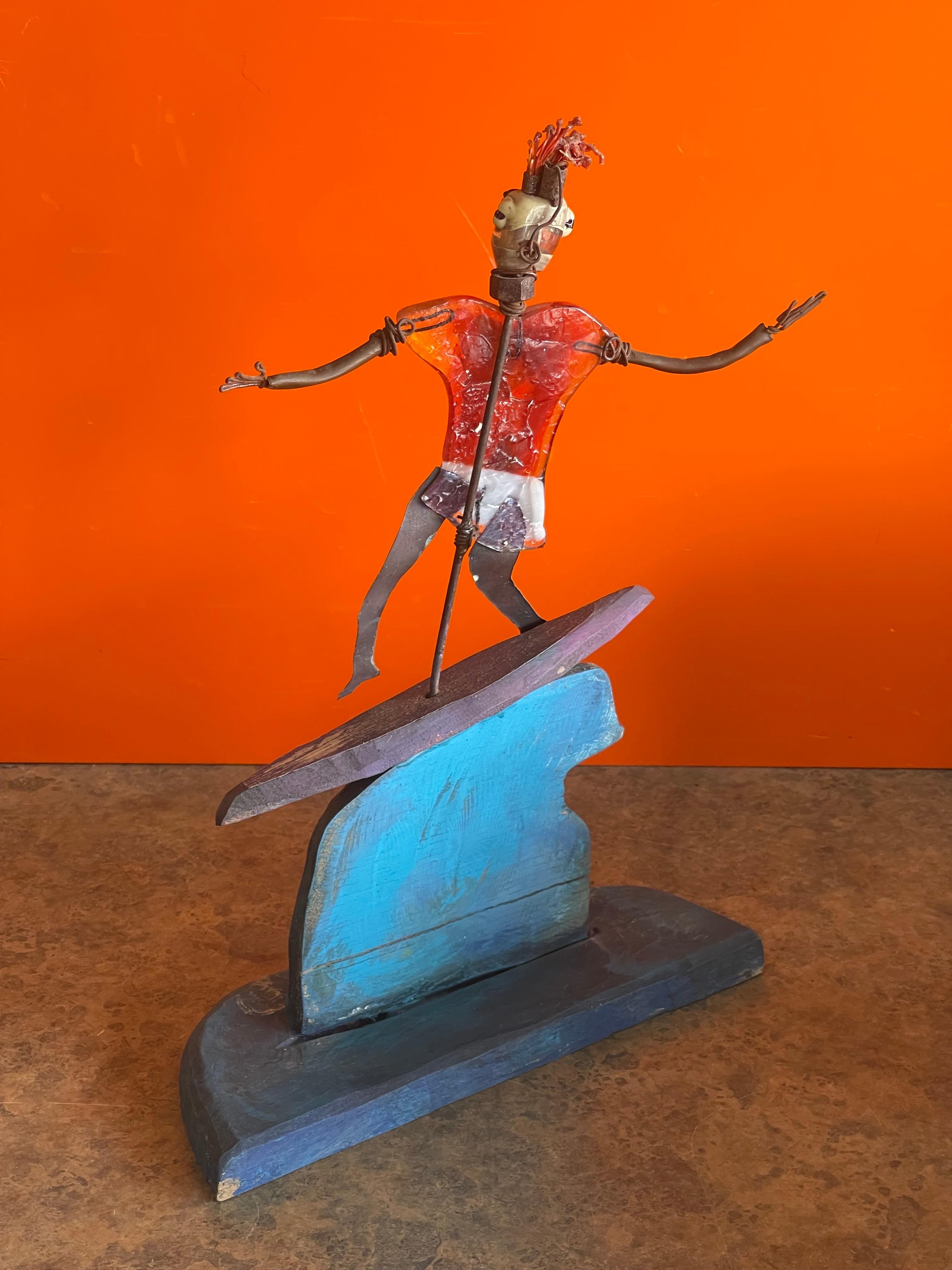 Hand-Painted Whimsical Surfer Sculpture by Mitch Berg For Sale
