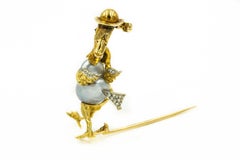 Whimsical Talking Walking Duck Bird Diamond Ruby Pearl Gold Brooch Pin