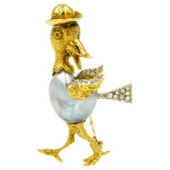 Whimsical Talking Walking Duck Bird Diamond Ruby Pearl Gold Brooch Pin