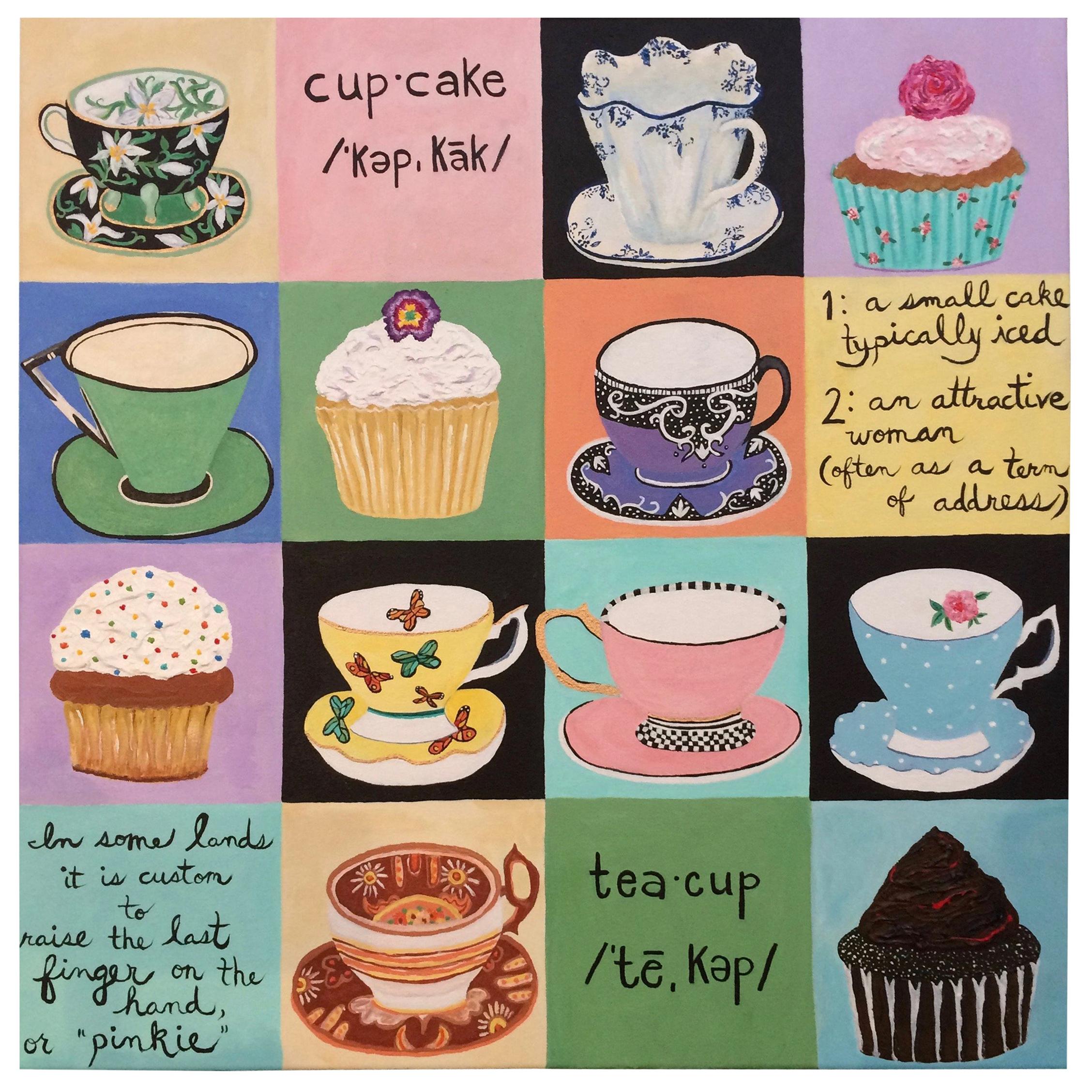 Whimsical Teacups and Cupcakes Painting on Canvas For Sale