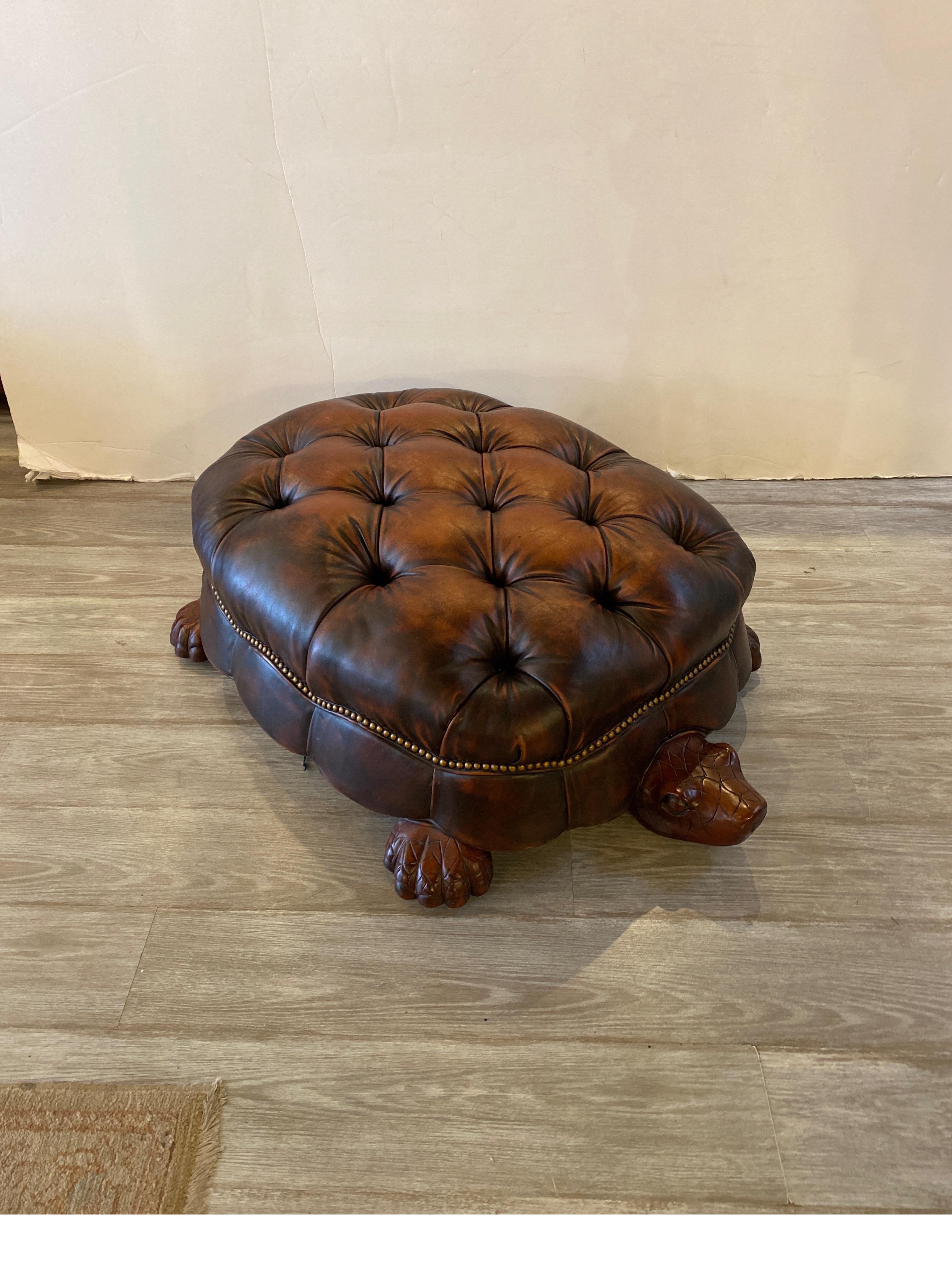 Whimsical Tortoise Motif Leather Tufted Ottoman by Councill Craftsman 4
