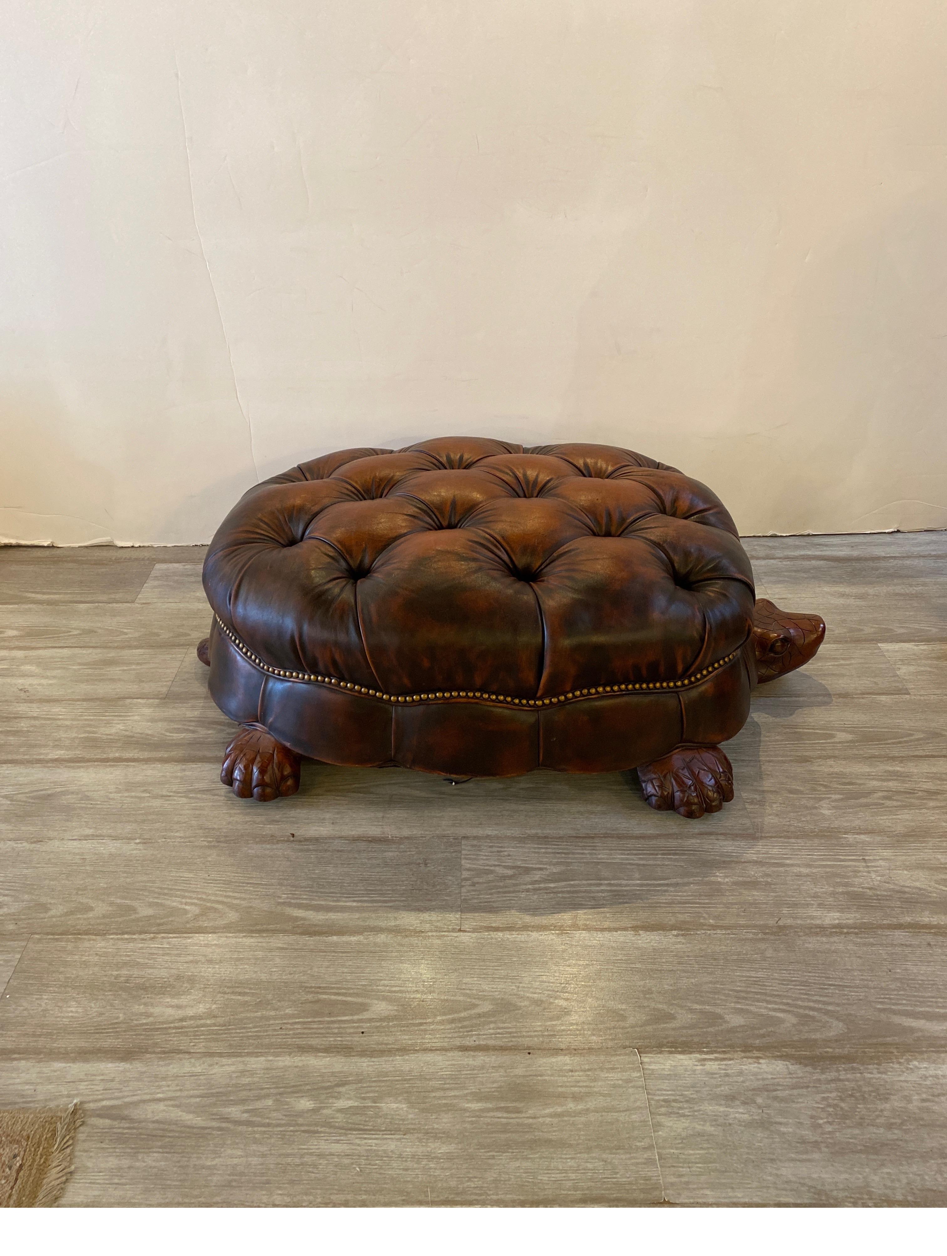Unknown Whimsical Tortoise Motif Leather Tufted Ottoman by Councill Craftsman