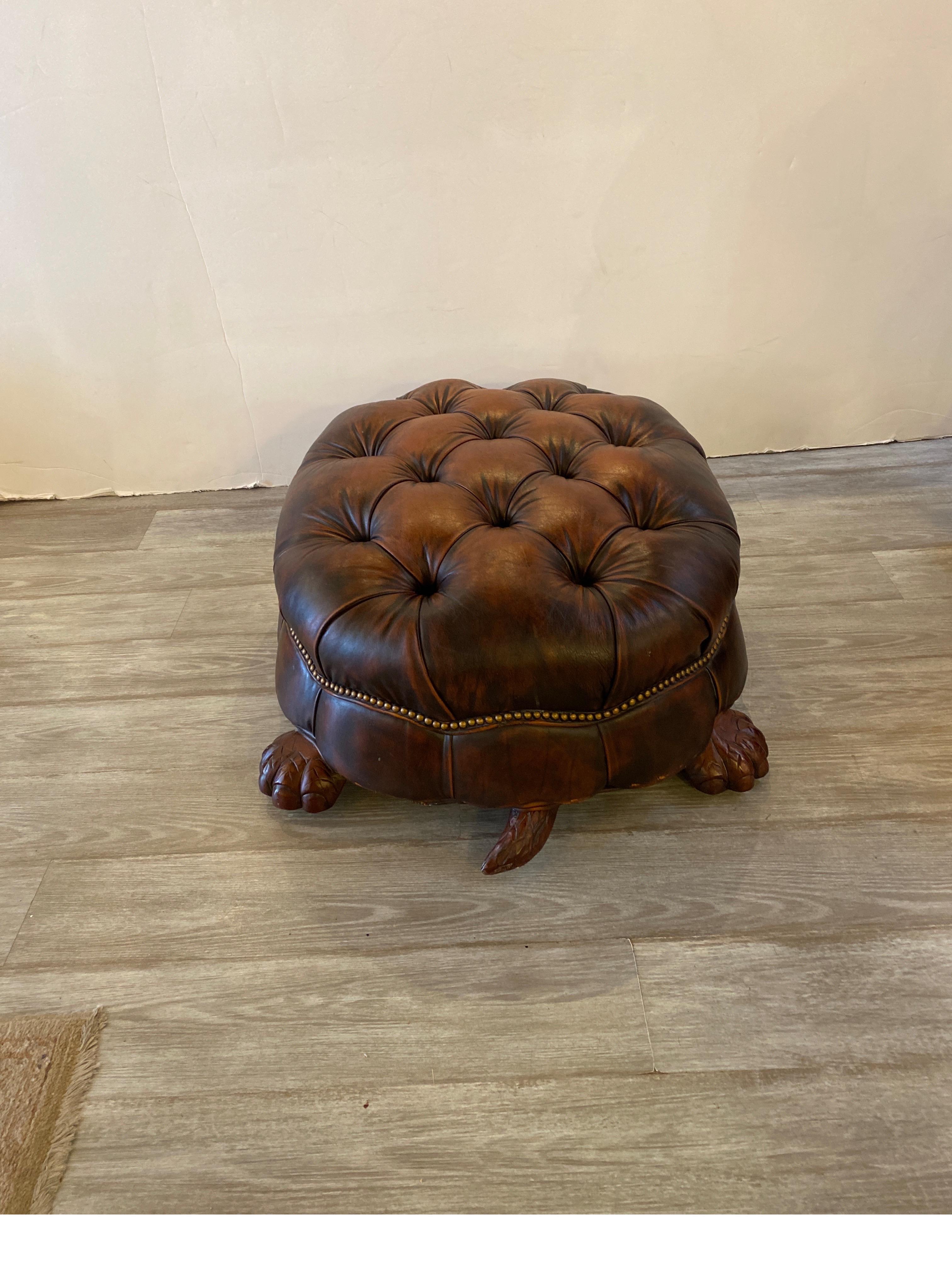 Whimsical Tortoise Motif Leather Tufted Ottoman by Councill Craftsman In Good Condition In Lambertville, NJ