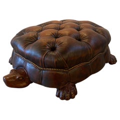Whimsical Tortoise Motif Leather Tufted Ottoman by Councill Craftsman