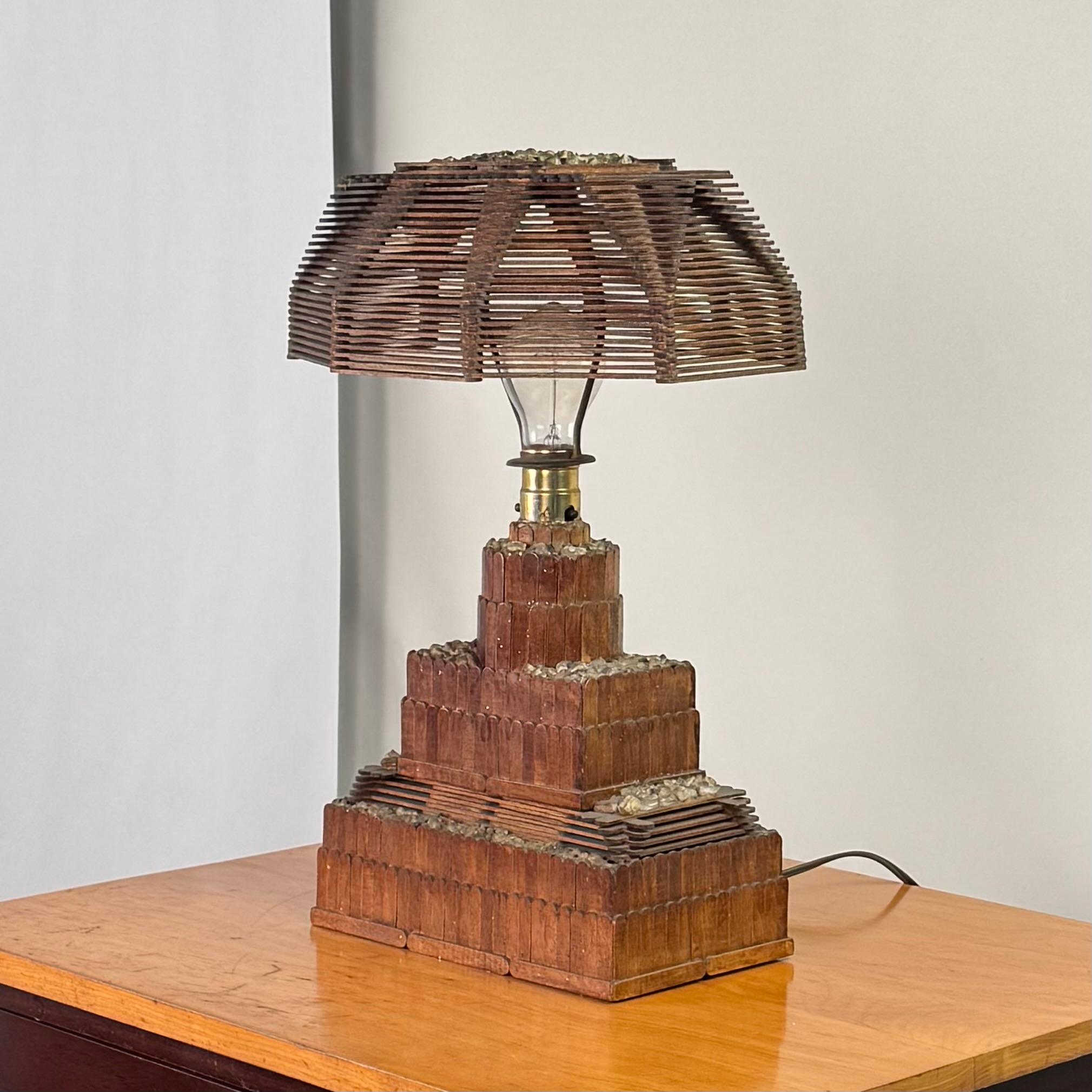 Varnished Whimsical Tramp Art Desk or Table Lamp For Sale