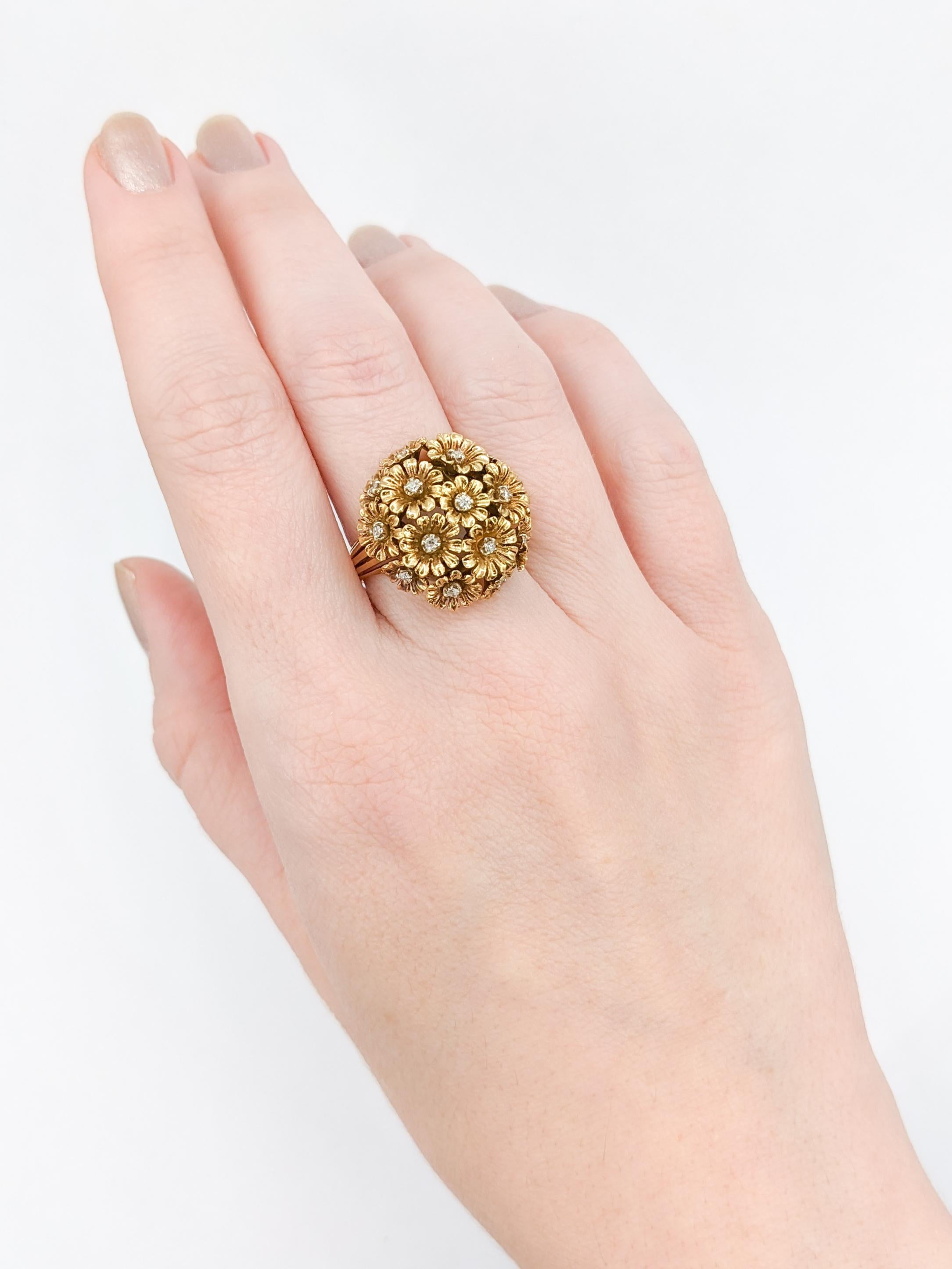 Whimsical Tremblant Flower Cluster Diamond Ring in 18K Gold

Delve into the elegance of yesteryears with this wonderful and unique Vintage Tremblant Ring. Masterfully fashioned in 18 karat Yellow Gold, this statement piece is accentuated with .24ctw