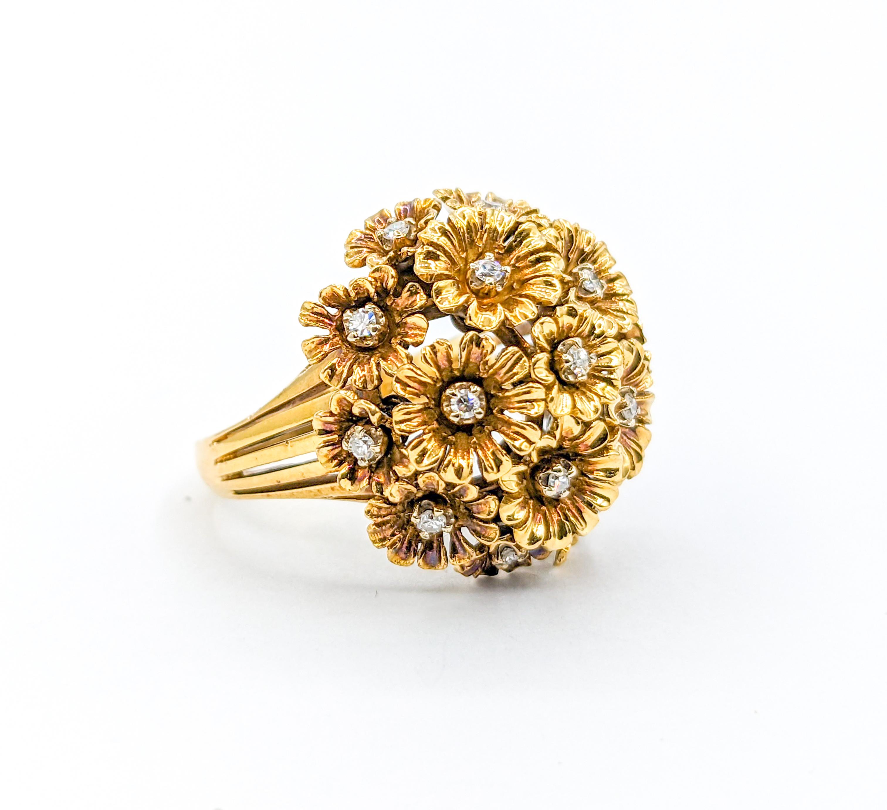 Single Cut Whimsical Tremblant Flower Cluster Diamond Ring in 18K Gold For Sale