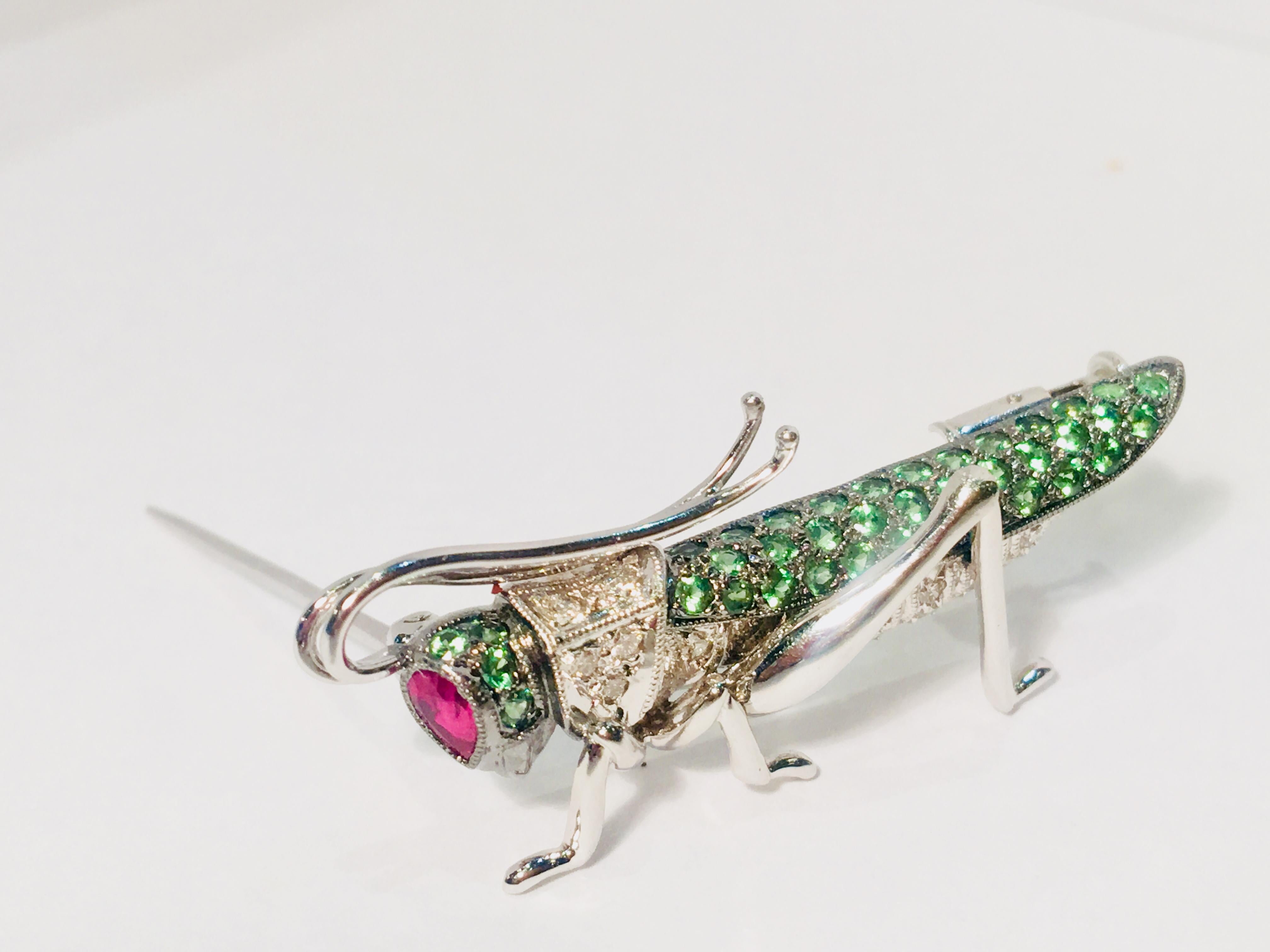 Contemporary Whimsical Tsavorite Ruby Diamond 18 Karat White Gold Grasshopper Cricket Brooch
