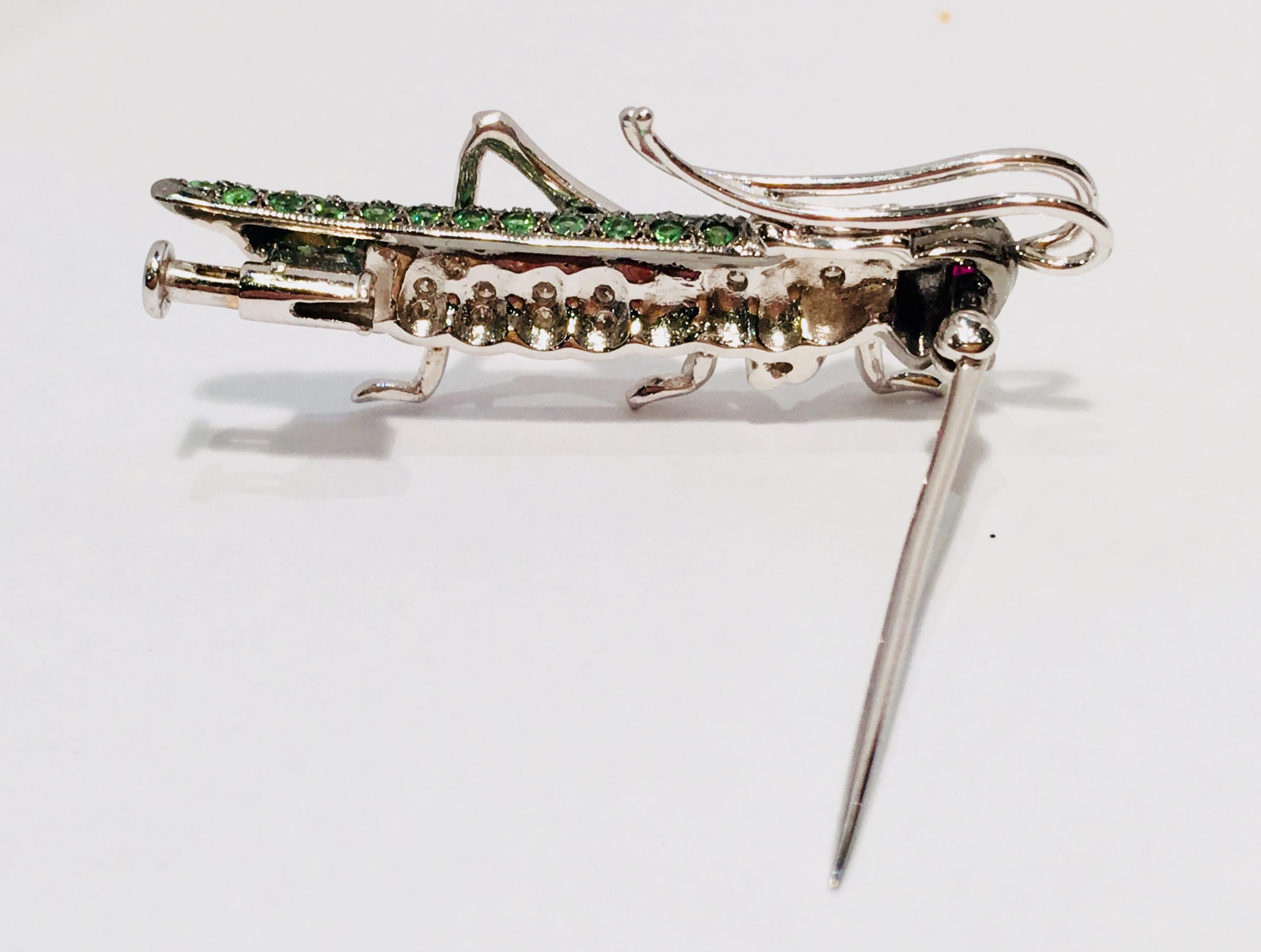 Round Cut Whimsical Tsavorite Ruby Diamond 18 Karat White Gold Grasshopper Cricket Brooch