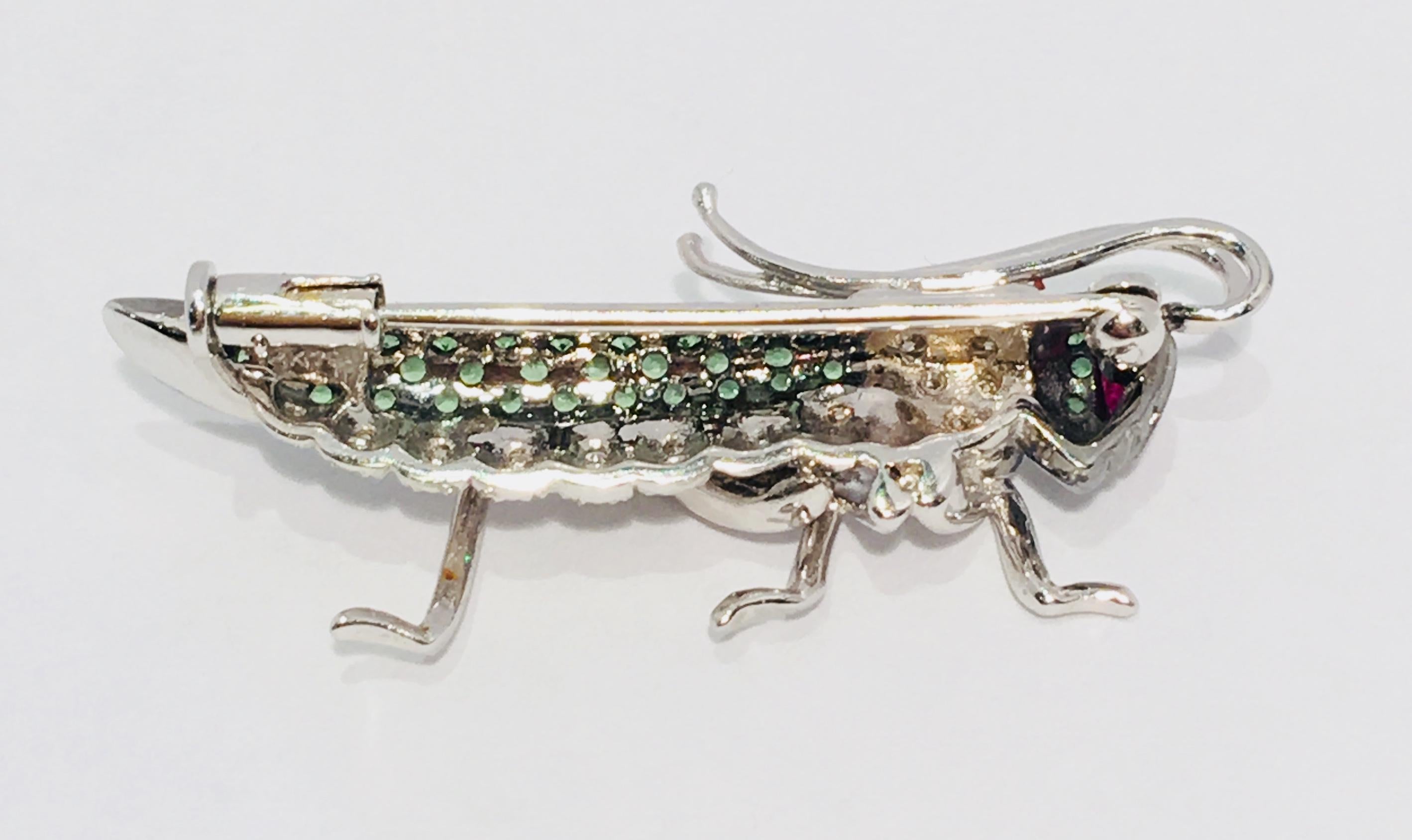Whimsical Tsavorite Ruby Diamond 18 Karat White Gold Grasshopper Cricket Brooch In Excellent Condition In Tustin, CA