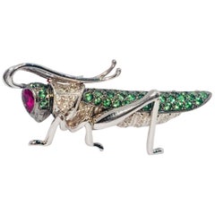 Vintage Whimsical Tsavorite Ruby Diamond 18 Karat White Gold Grasshopper Cricket Brooch