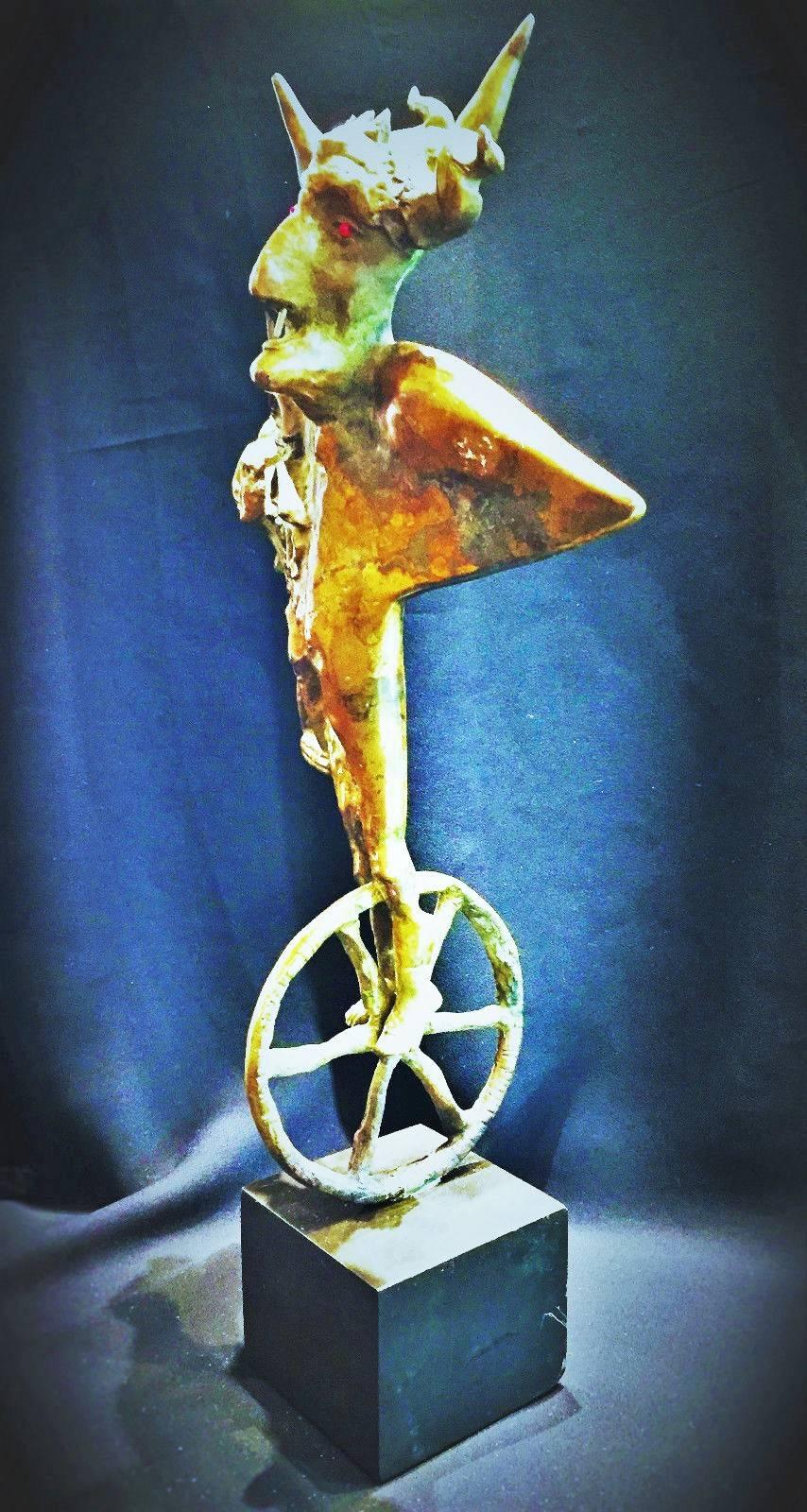 Brutalist Whimsical Unicycle Rider, Contemporary Surrealistic Bronze Sculpture circa 1980s