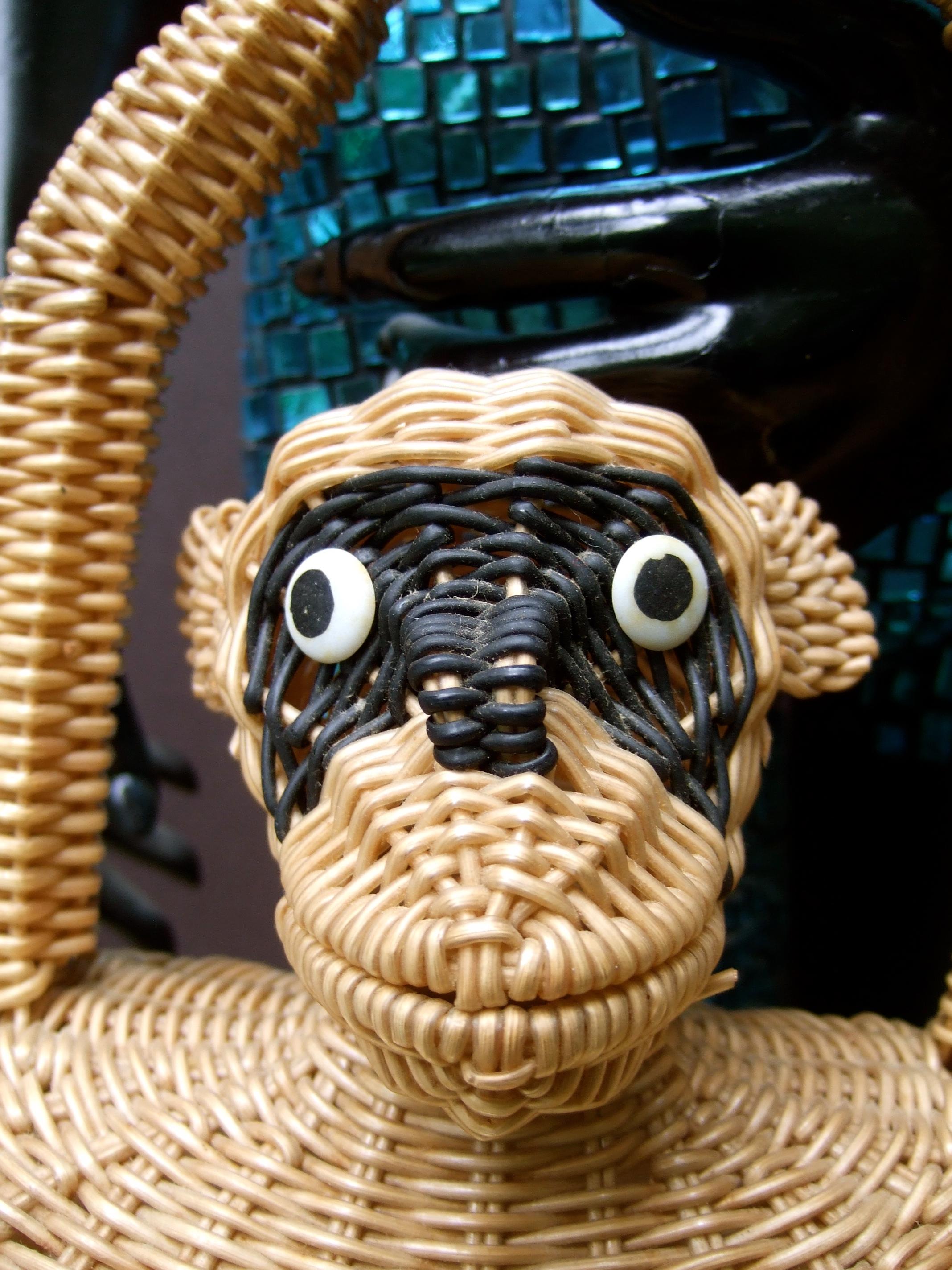 Whimsical Very Rare Wicker Monkey Handbag Designed by Marcus Brothers c 1960 In Good Condition For Sale In University City, MO