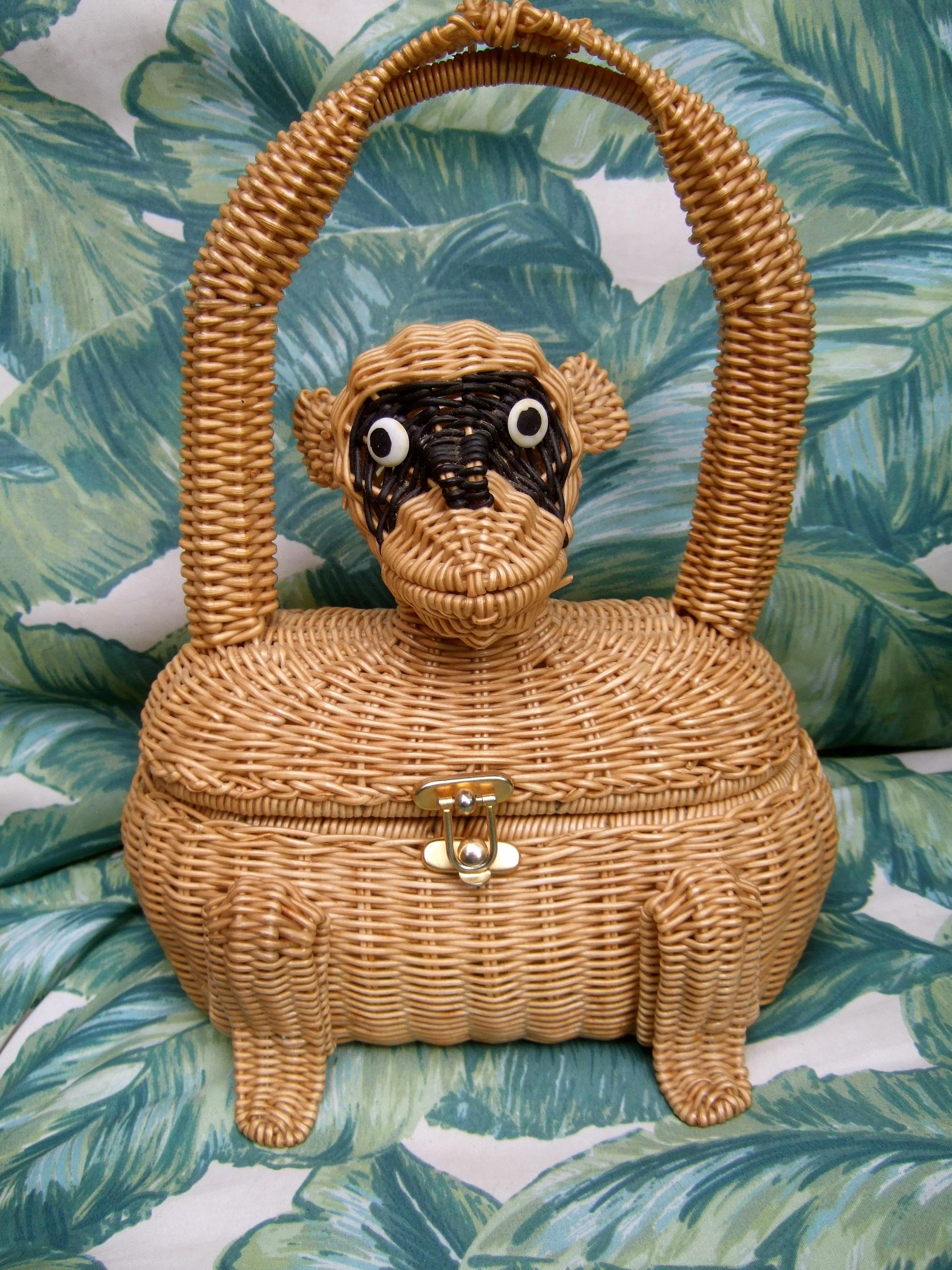 Whimsical Very Rare Wicker Monkey Handbag Designed by Marcus Brothers c 1960 For Sale 1