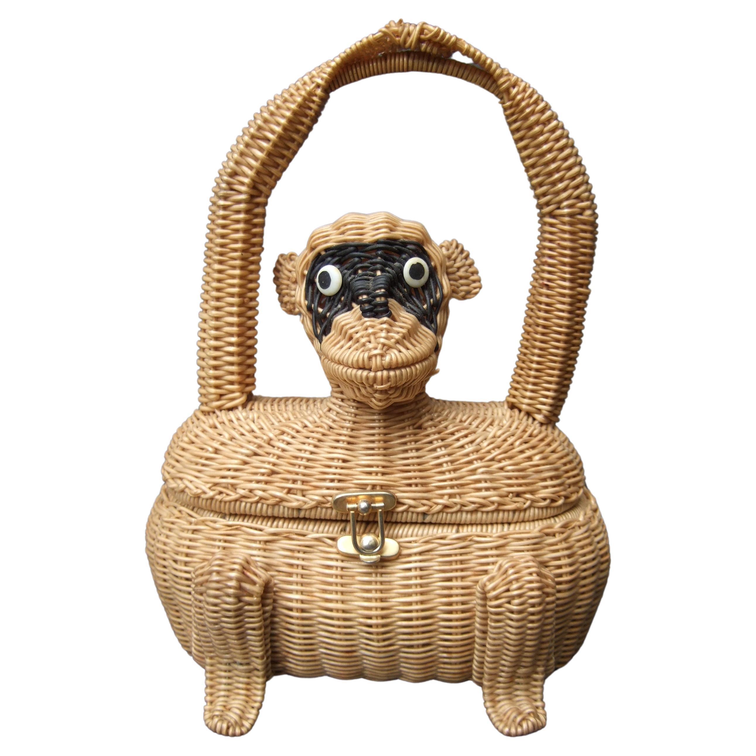 Whimsical Very Rare Wicker Monkey Handbag Designed by Marcus Brothers c 1960 For Sale