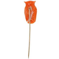 Whimsical Victorian Coral 14 Karat Owl Stickpin