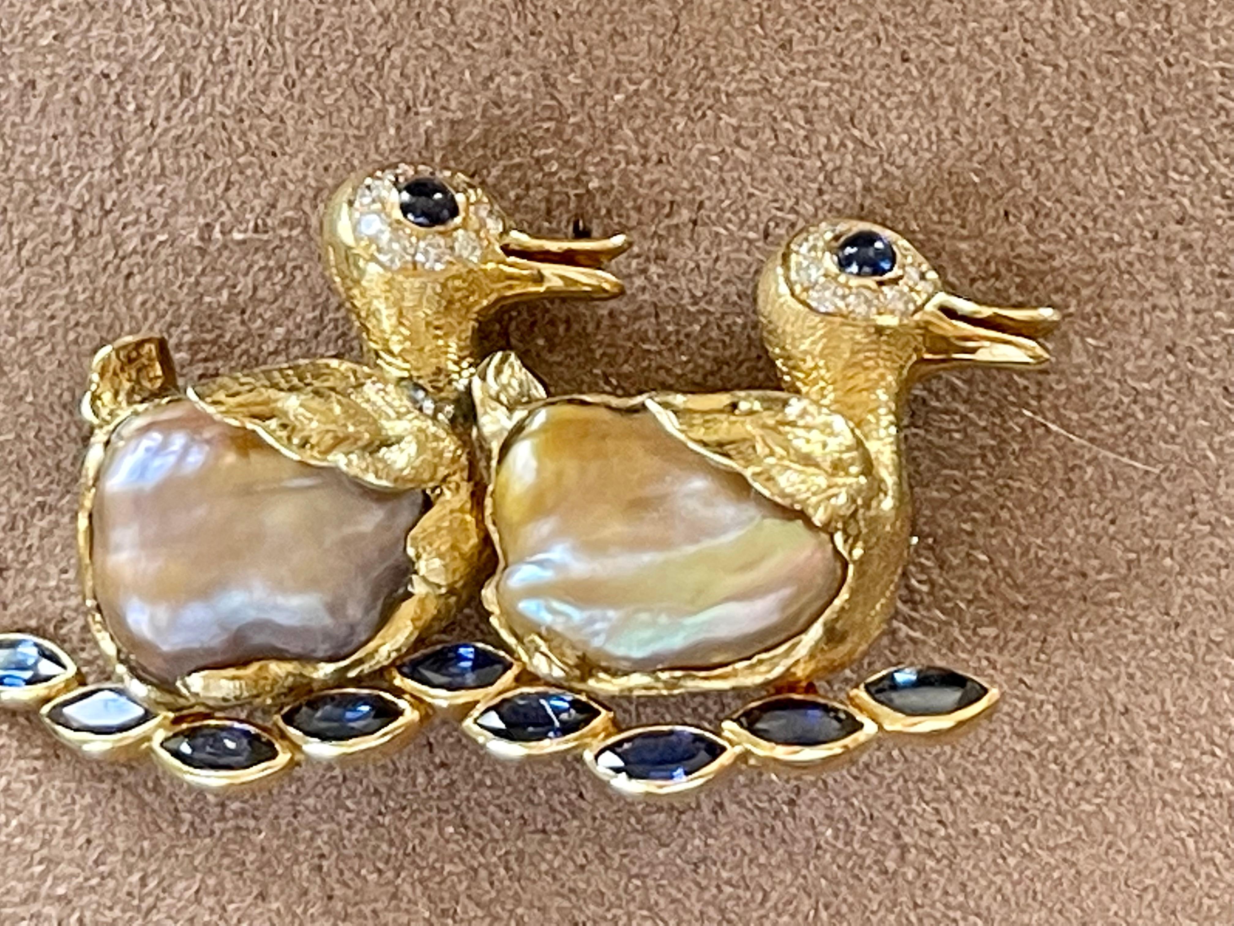 Whimsical Vintage 18 K Yellow Gold Duck Brooch Baroque Pearls Sapphire Diamond 1