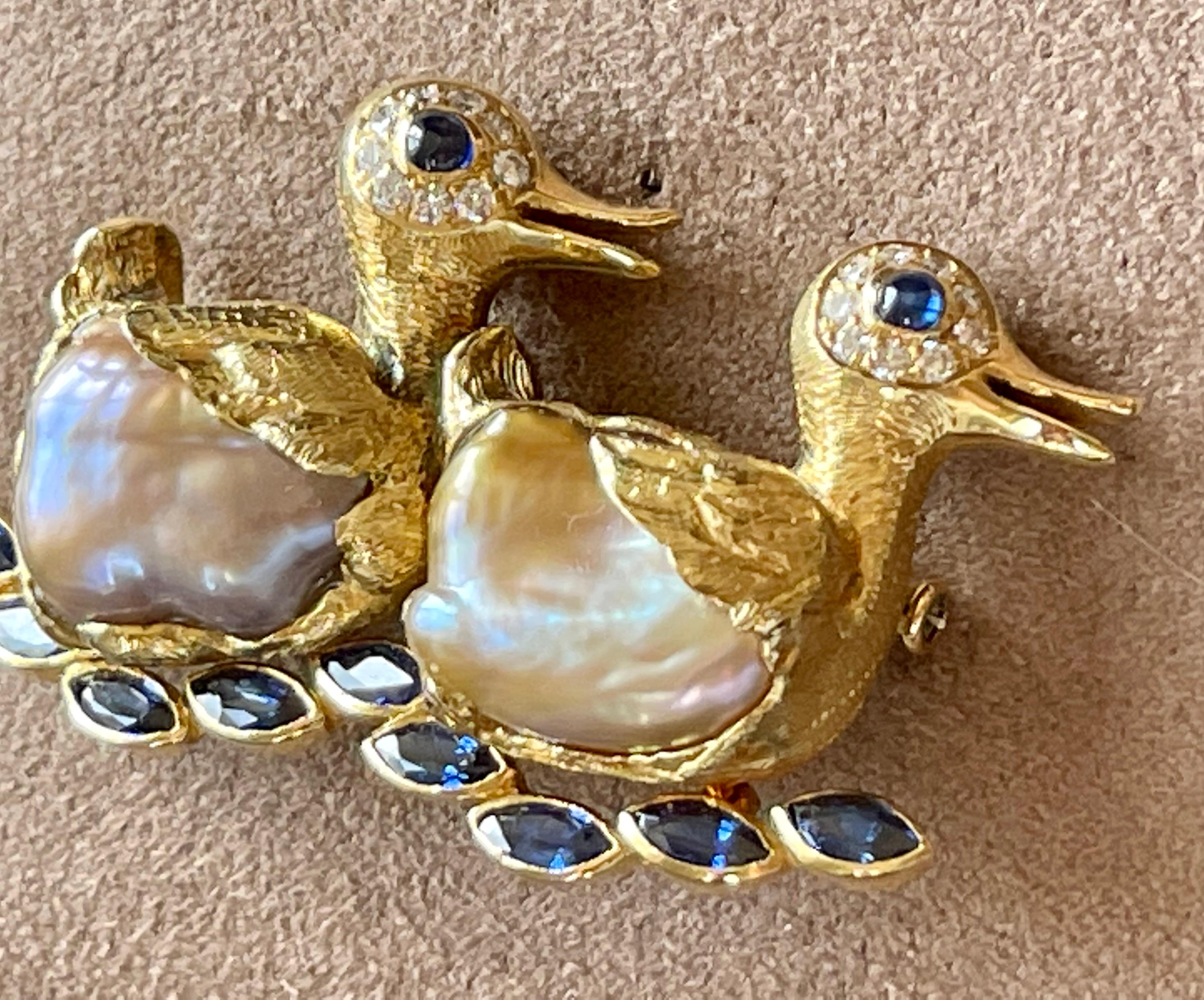 Marquise Cut Whimsical Vintage 18 K Yellow Gold Duck Brooch Baroque Pearls Sapphire Diamond