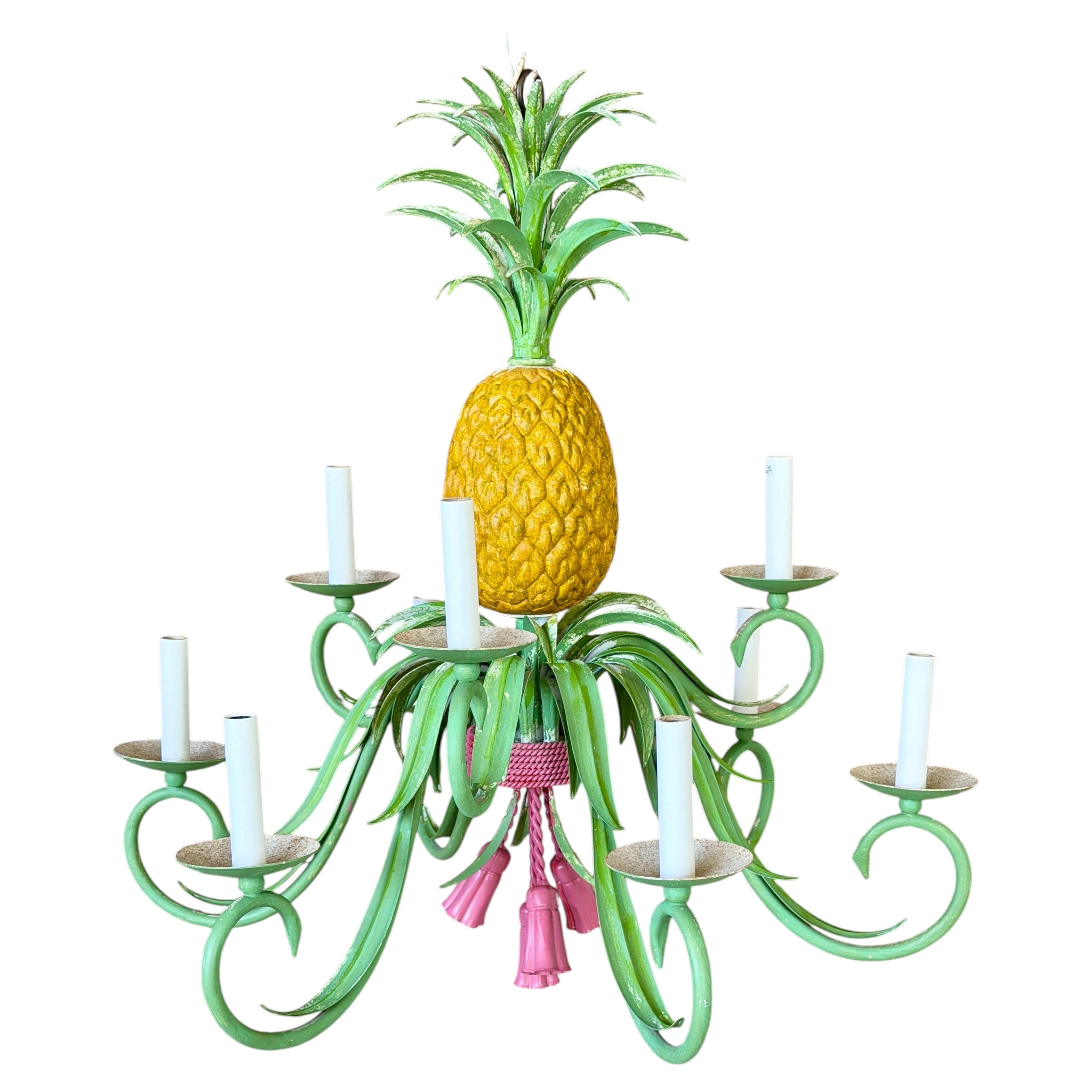 Whimsical Vintage Coastal Regency Pineapple Tole Nine-Light Chandelier For Sale