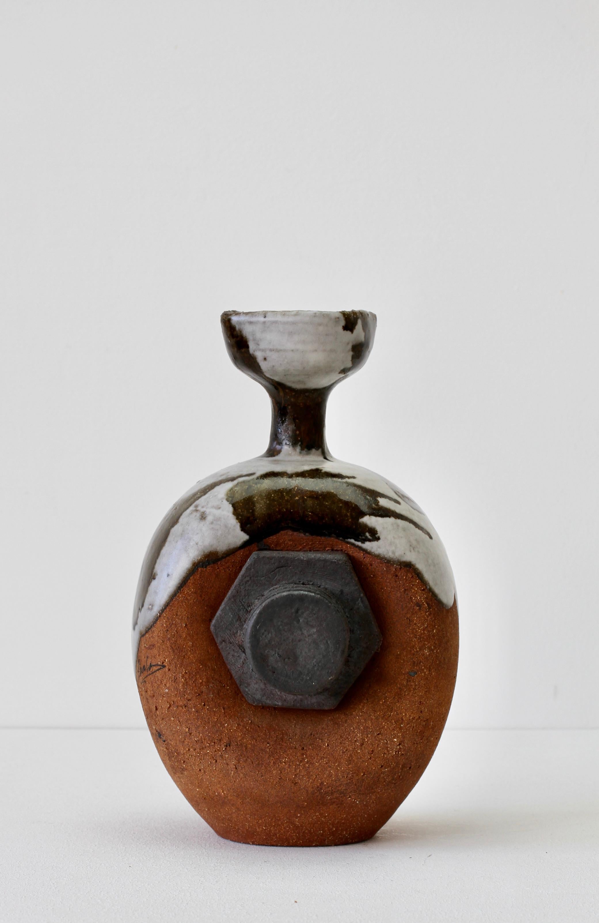 Brutalist Whimsical Vintage Drip Glazed 'Bolt' Signed Art Studio Stoneware Pottery Vase
