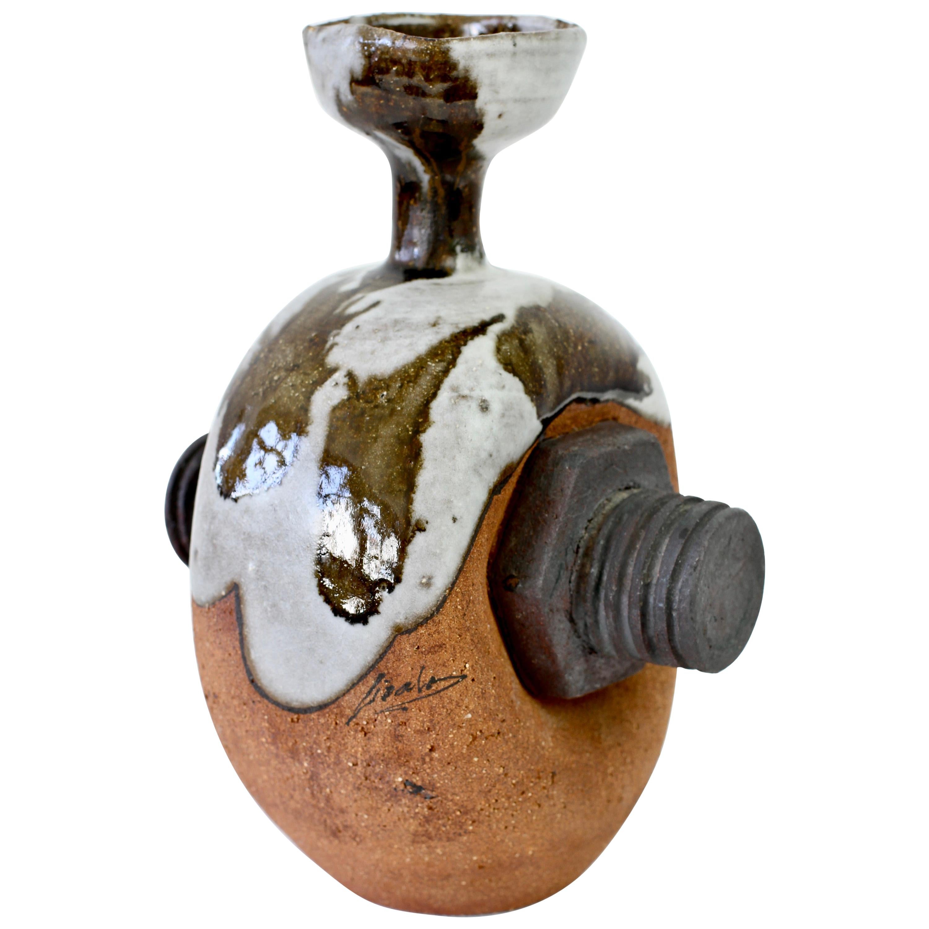 Whimsical Vintage Drip Glazed 'Bolt' Signed Art Studio Stoneware Pottery Vase
