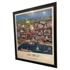 Whimsical Vintage Framed Collectible Poster by Rita Schroeder San Diego City '88
