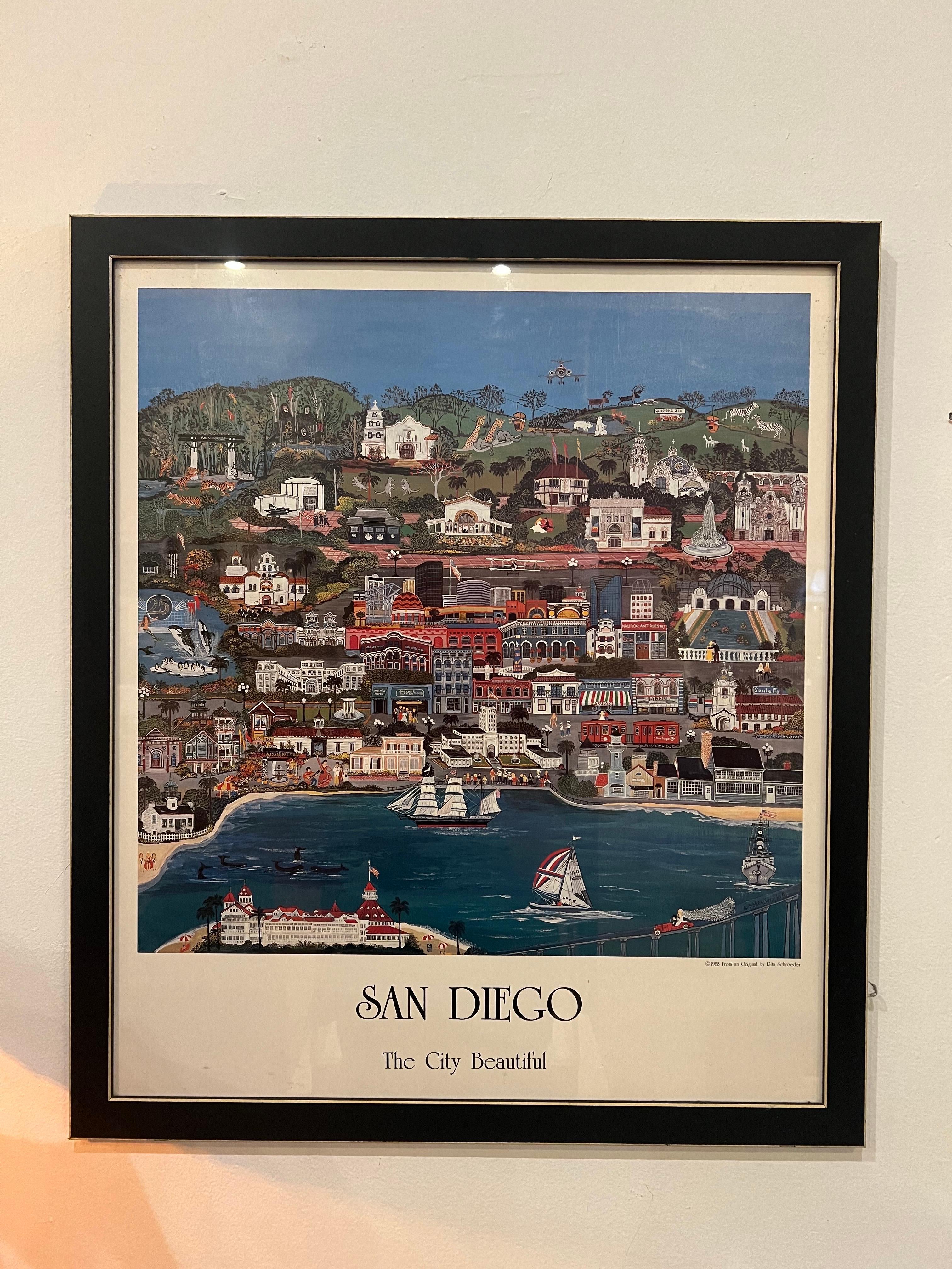 Post-Modern Whimsical Vintage Framed Collectible Poster by Rita Schroeder San Diego City '88