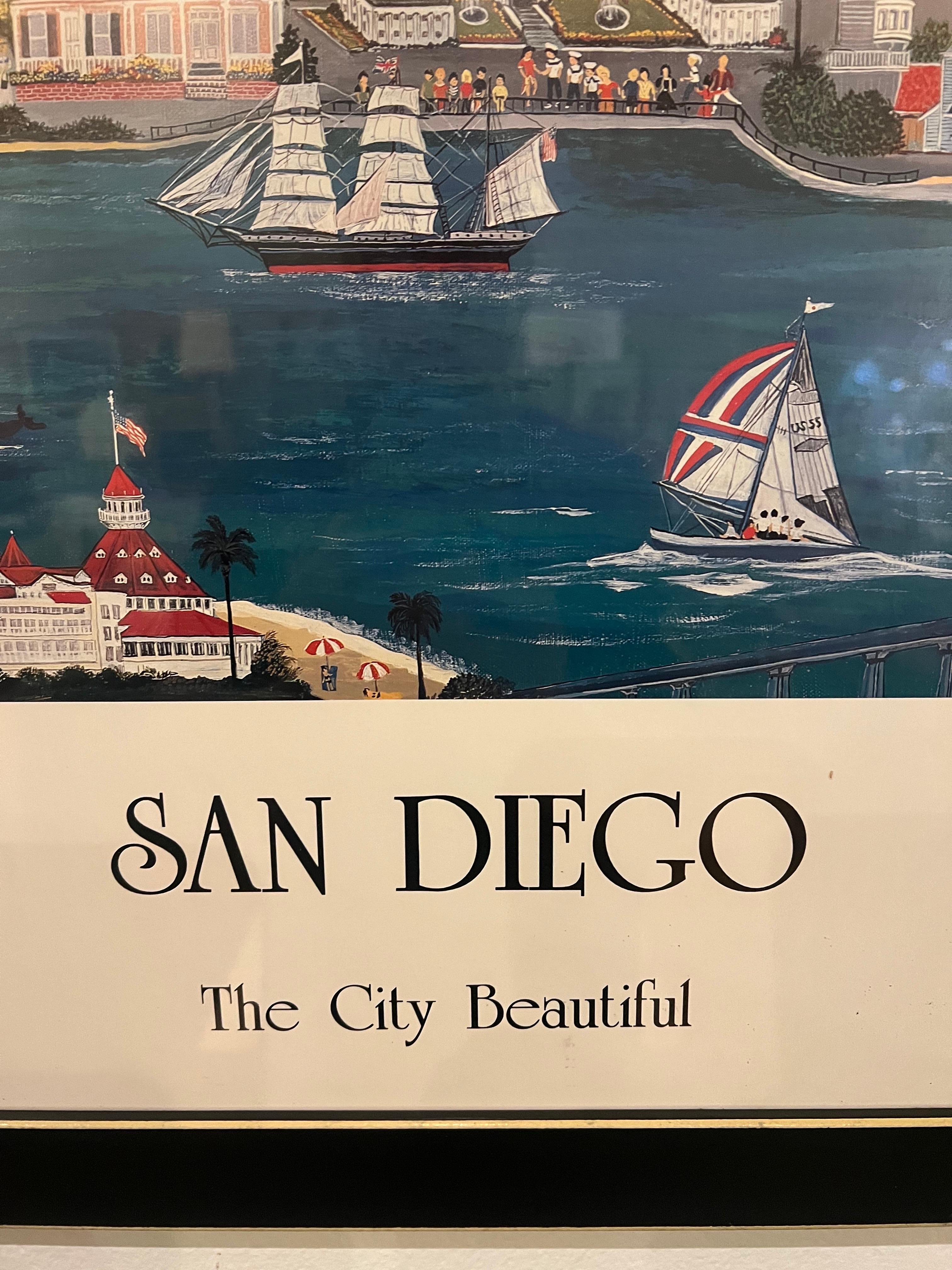 American Whimsical Vintage Framed Collectible Poster by Rita Schroeder San Diego City '88