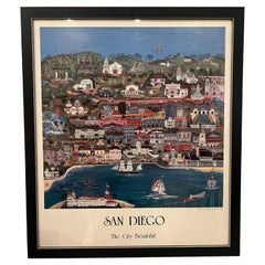 Whimsical Vintage Framed Collectible Poster by Rita Schroeder San Diego City '88