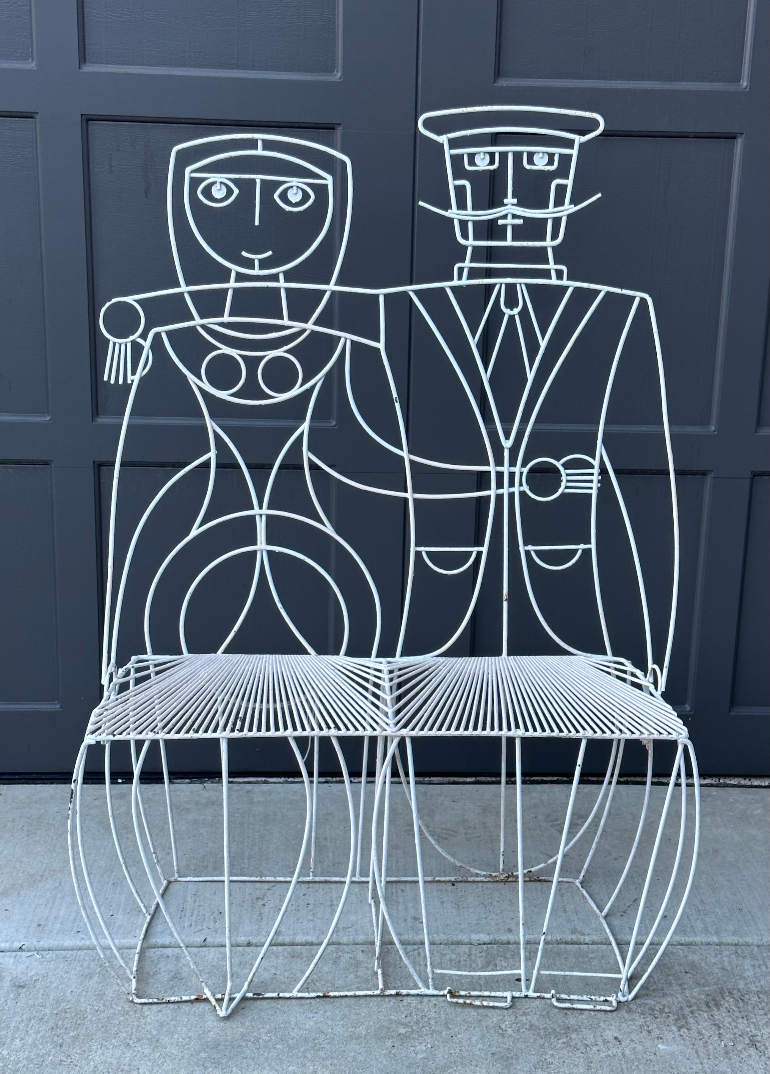 Whimsical Vintage Man & Woman Metal Wire Bench by John Risley For Sale 11
