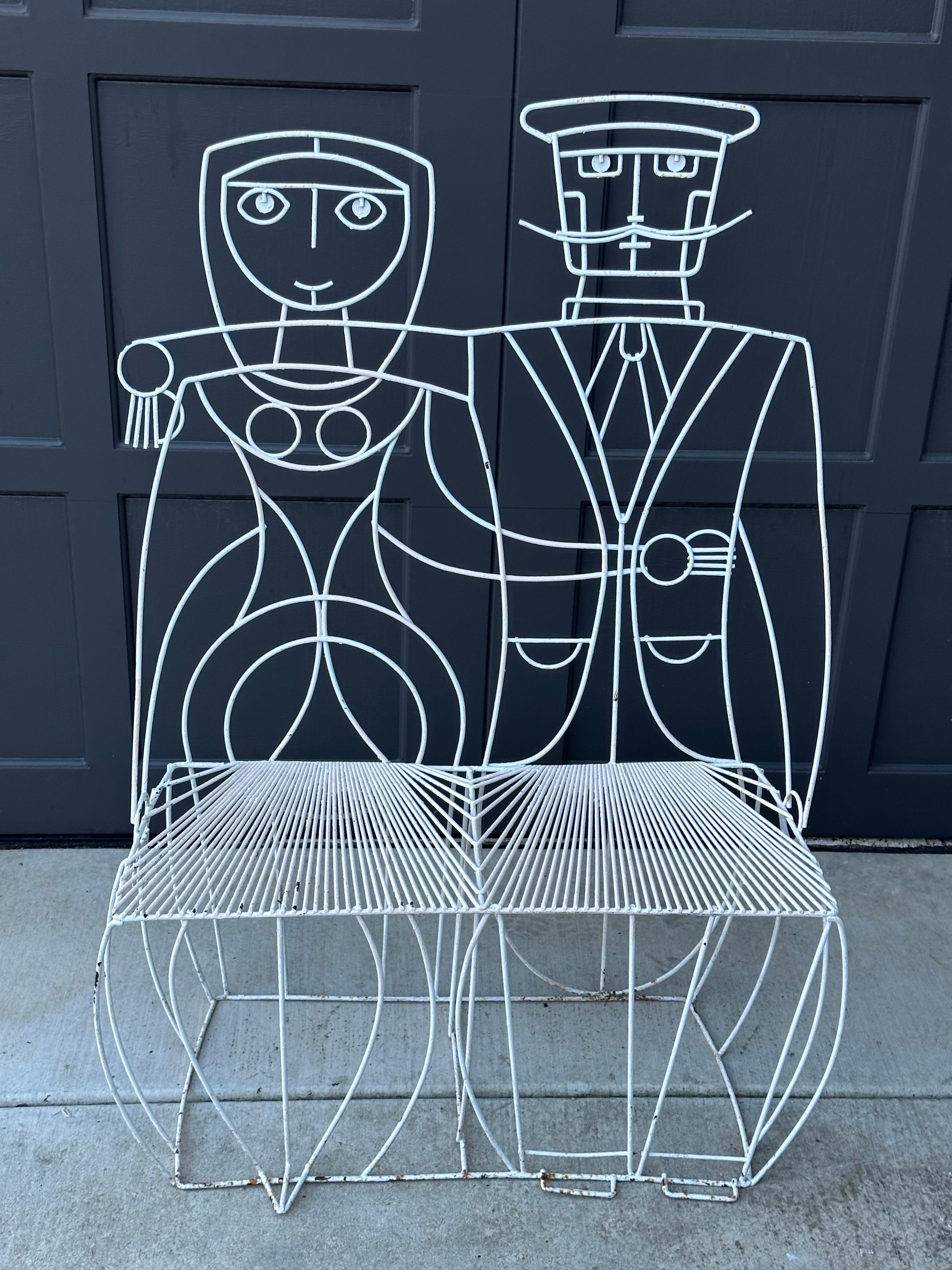 American Whimsical Vintage Man & Woman Metal Wire Bench by John Risley For Sale