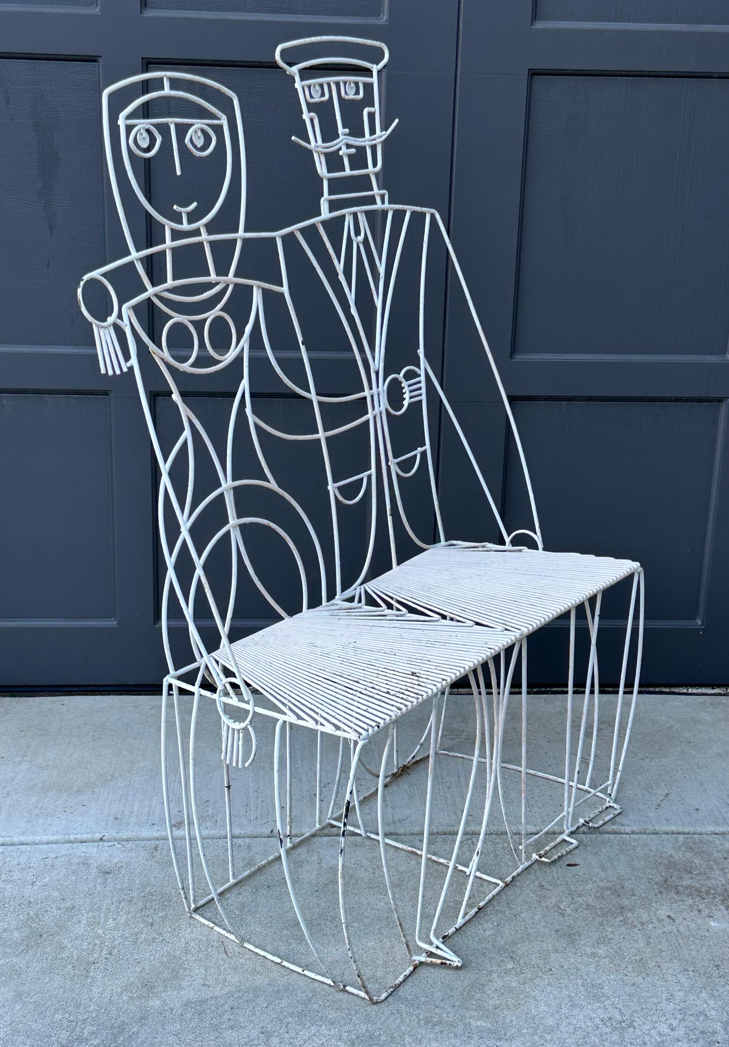 Whimsical Vintage Man & Woman Metal Wire Bench by John Risley In Fair Condition For Sale In San Diego, CA
