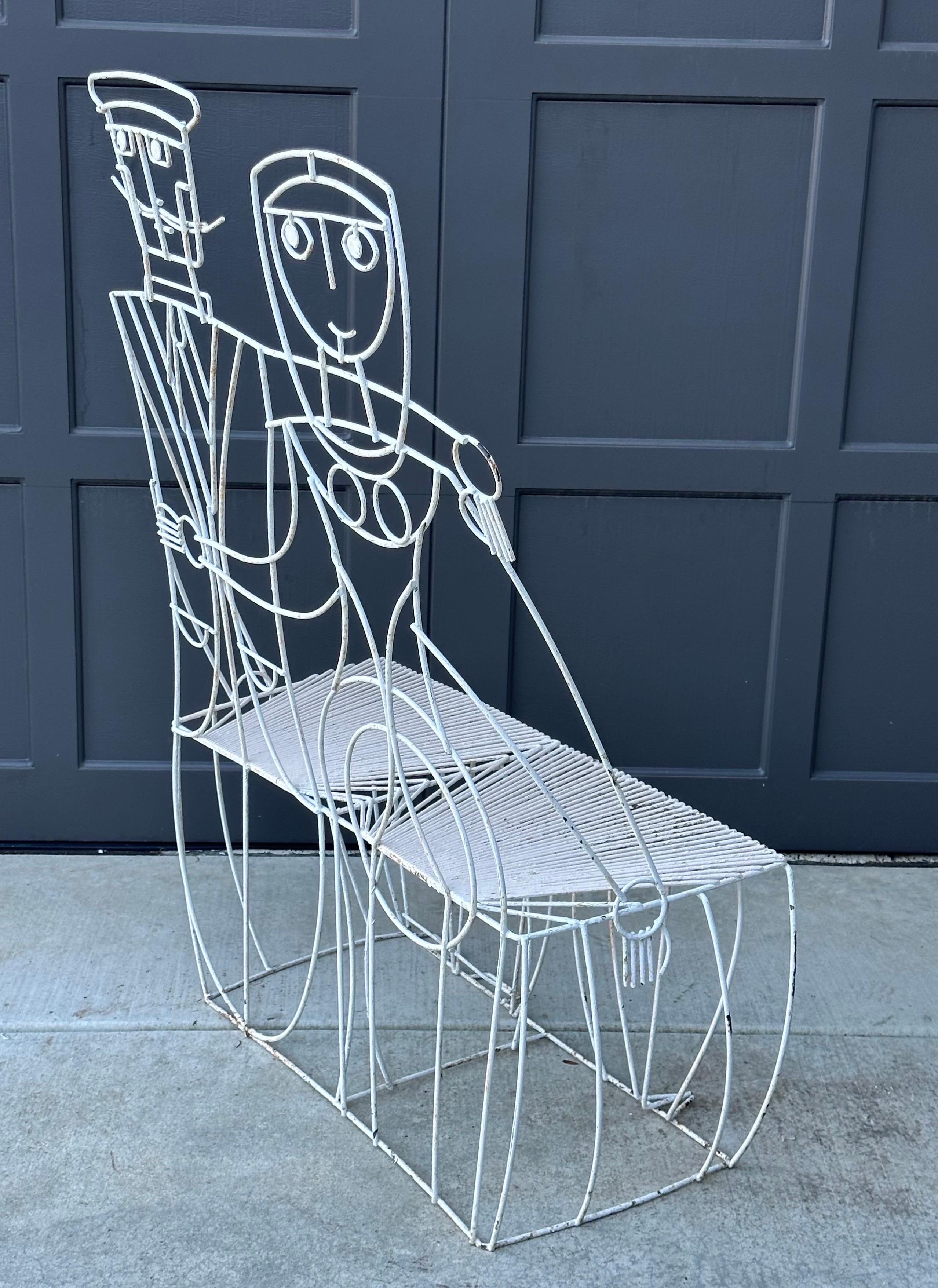 Whimsical Vintage Man & Woman Metal Wire Bench by John Risley For Sale 1