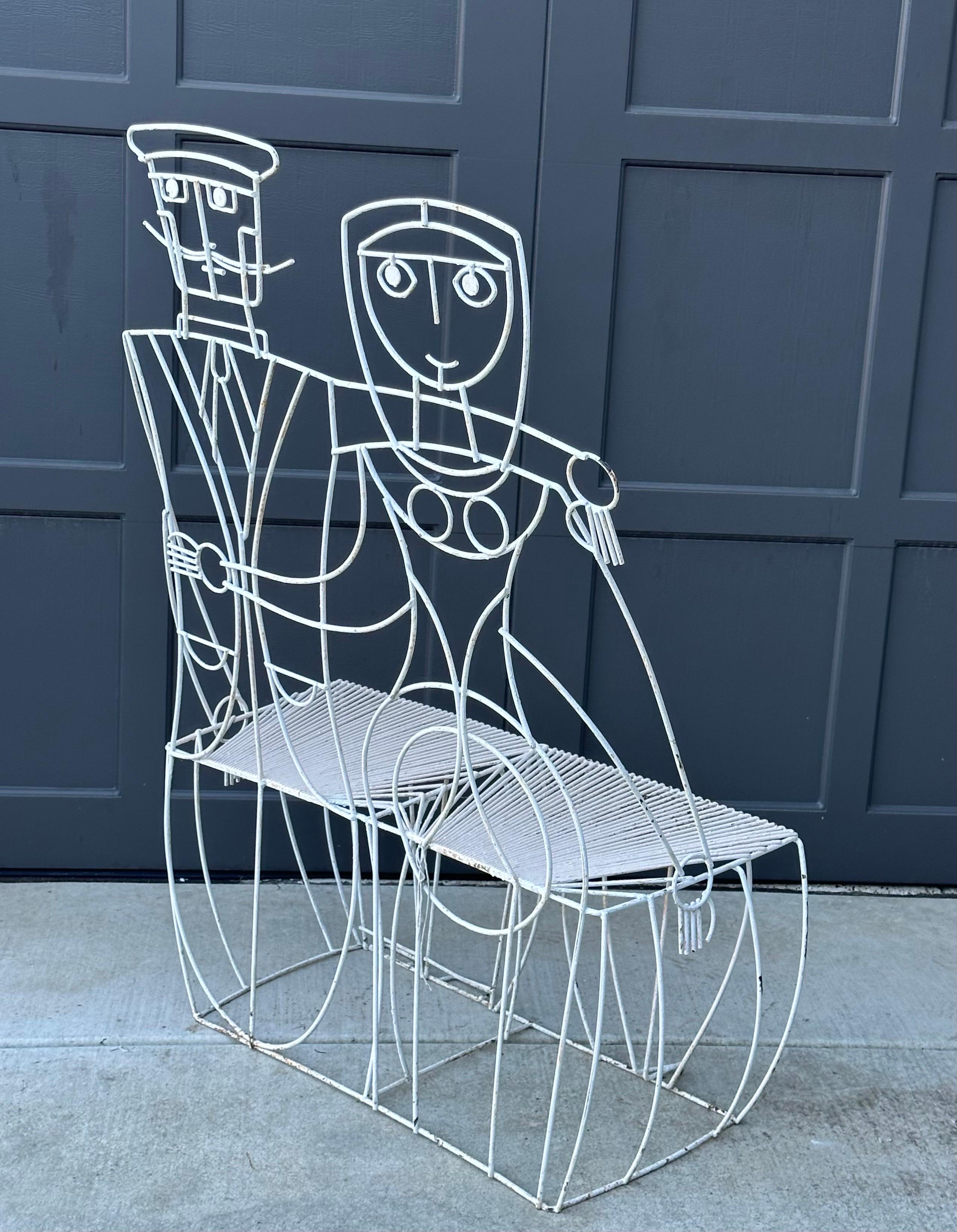 Whimsical Vintage Man & Woman Metal Wire Bench by John Risley For Sale 2
