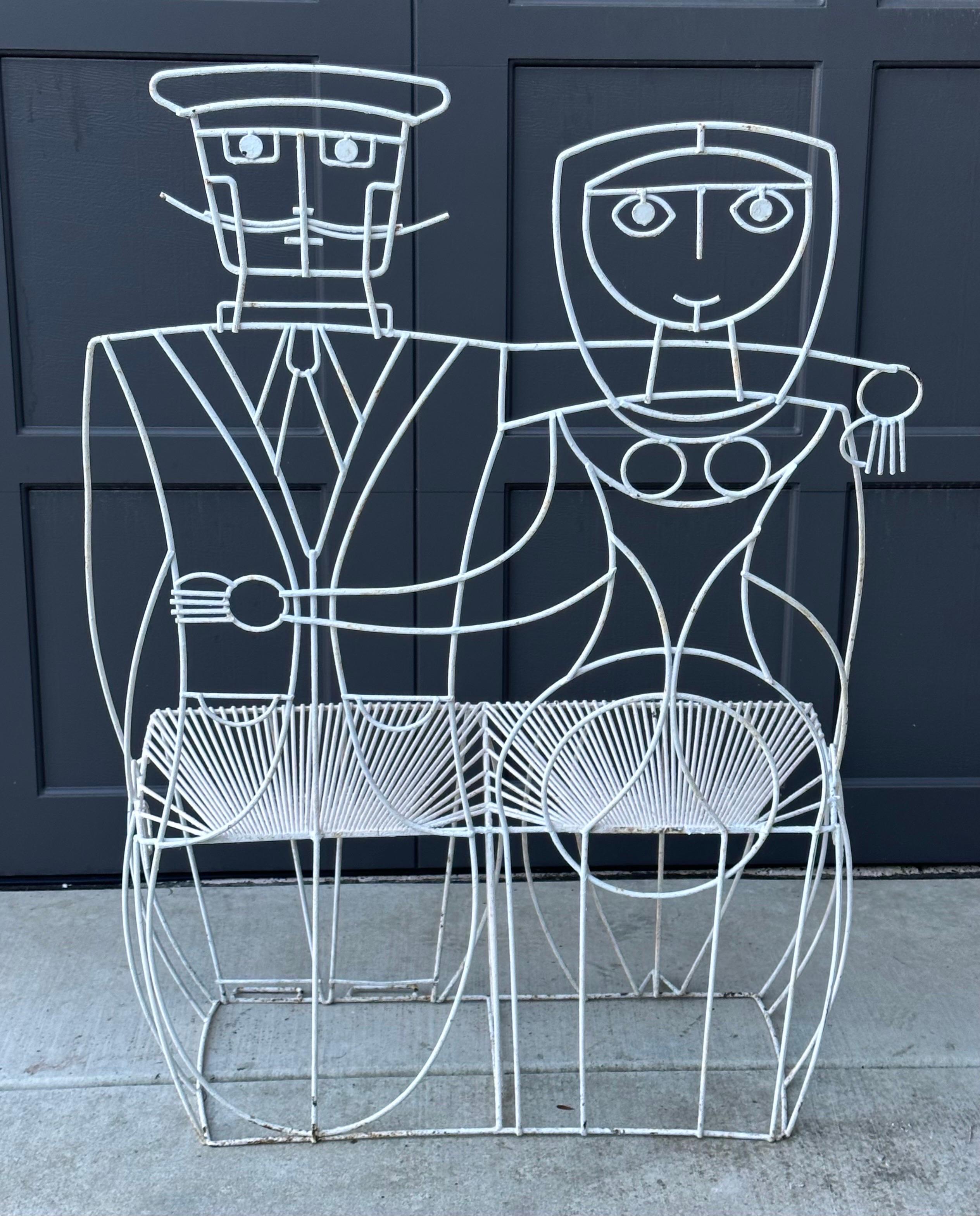 Whimsical Vintage Man & Woman Metal Wire Bench by John Risley For Sale 3
