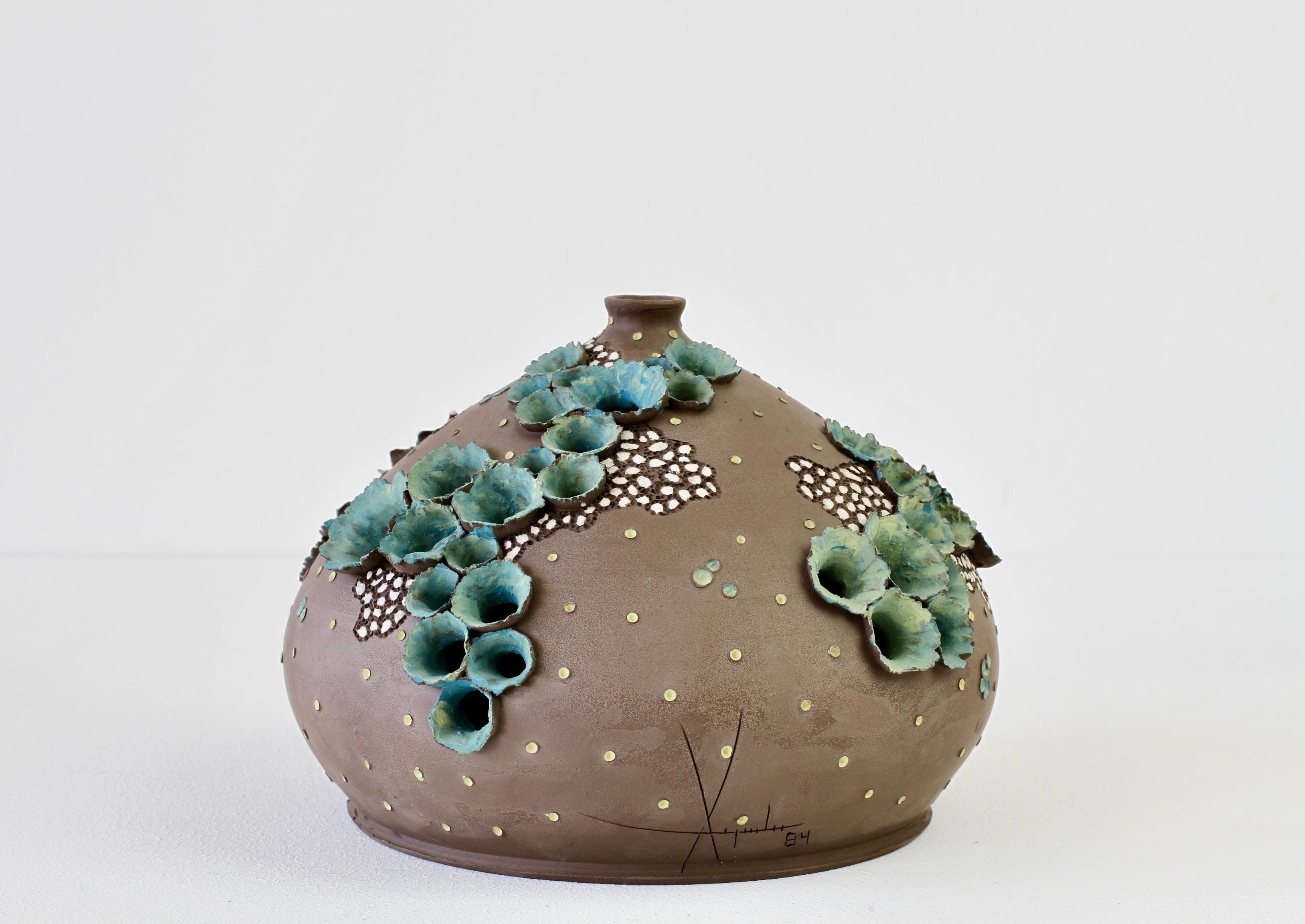 Hand-Carved Whimsical Vintage Organic Flower Signed Art Studio Pottery Vase Germany, 1984