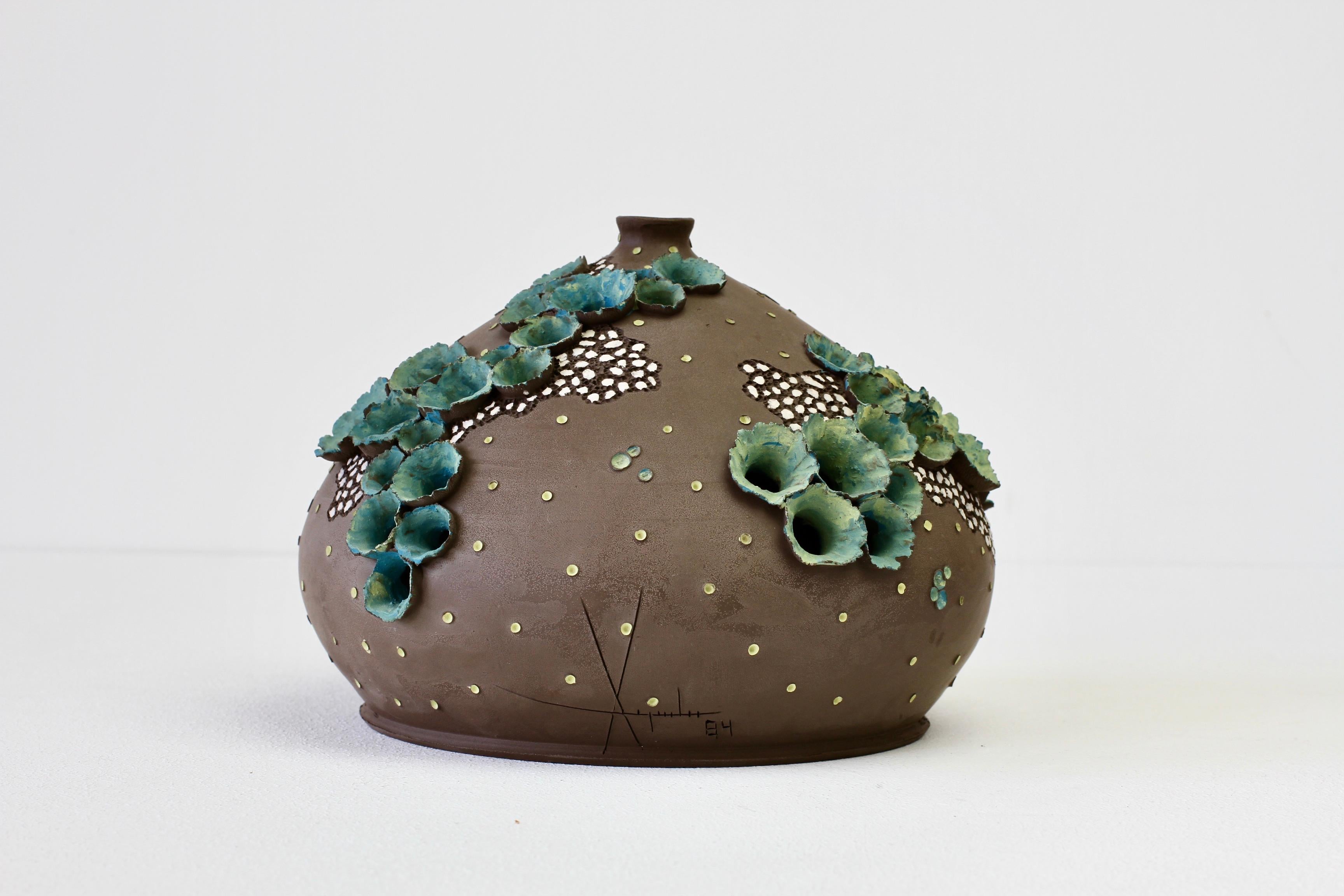 Clay Whimsical Vintage Organic Flower Signed Art Studio Pottery Vase Germany, 1984
