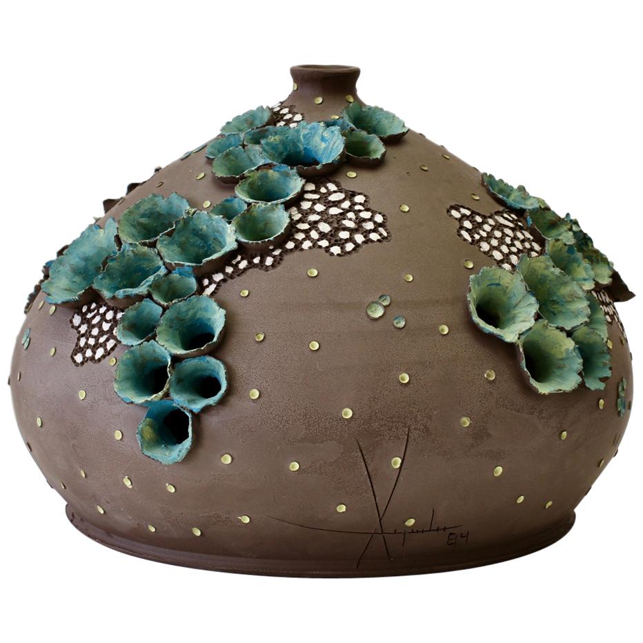 Whimsical Vintage Organic Flower Signed Art Studio Pottery Vase Germany, 1984