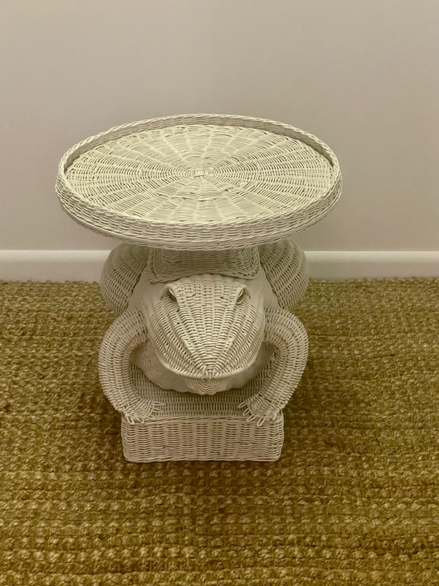 Whimsical vintage white painted wicker side or end table in the shape of a frog having 20