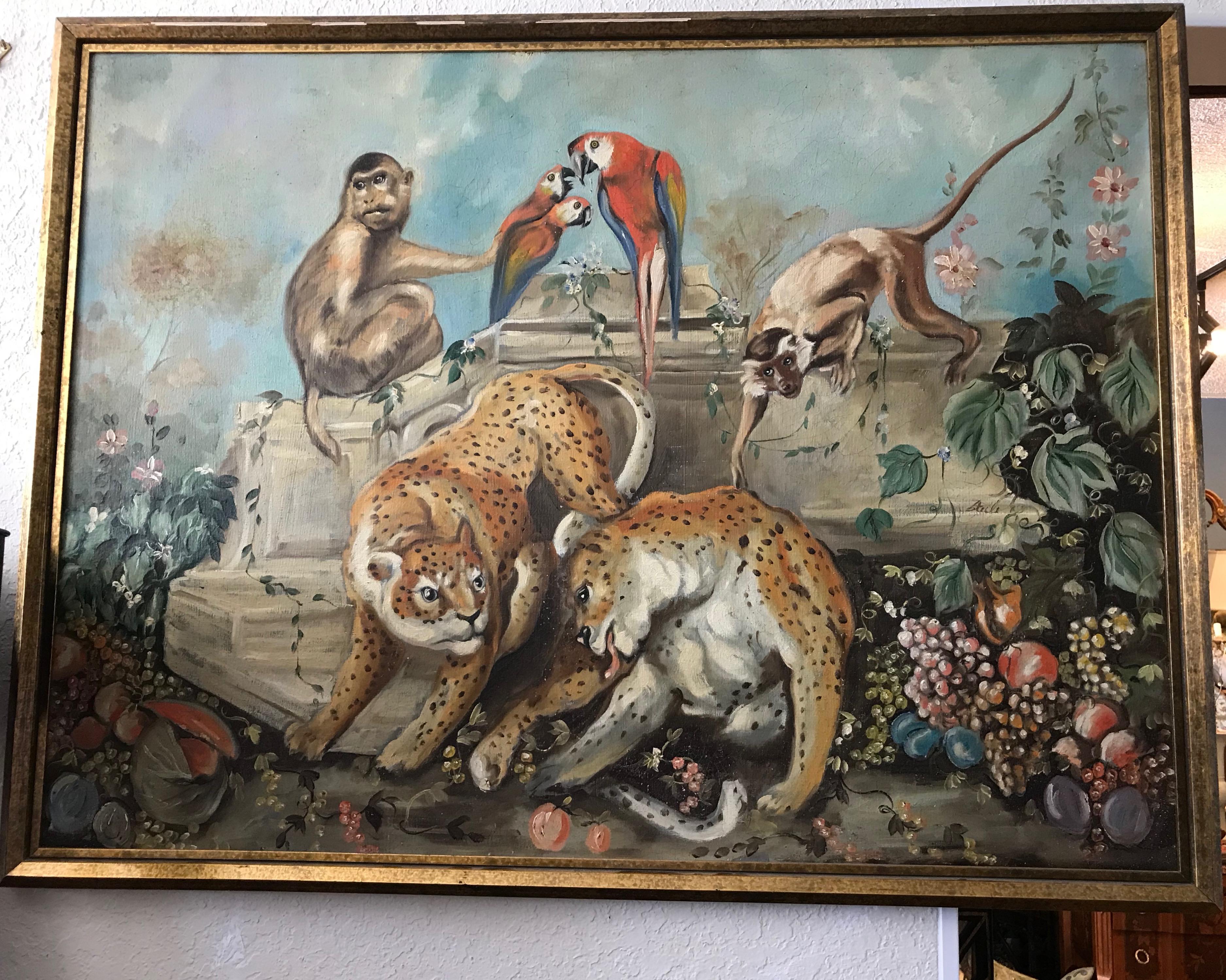 A wonderful tropical motif garden setting rendering with monkeys,
parrots , and leopards - truly one of a kind. Signed indistinctly
Beautiful scale and proportions. A superb old oil on canvas.