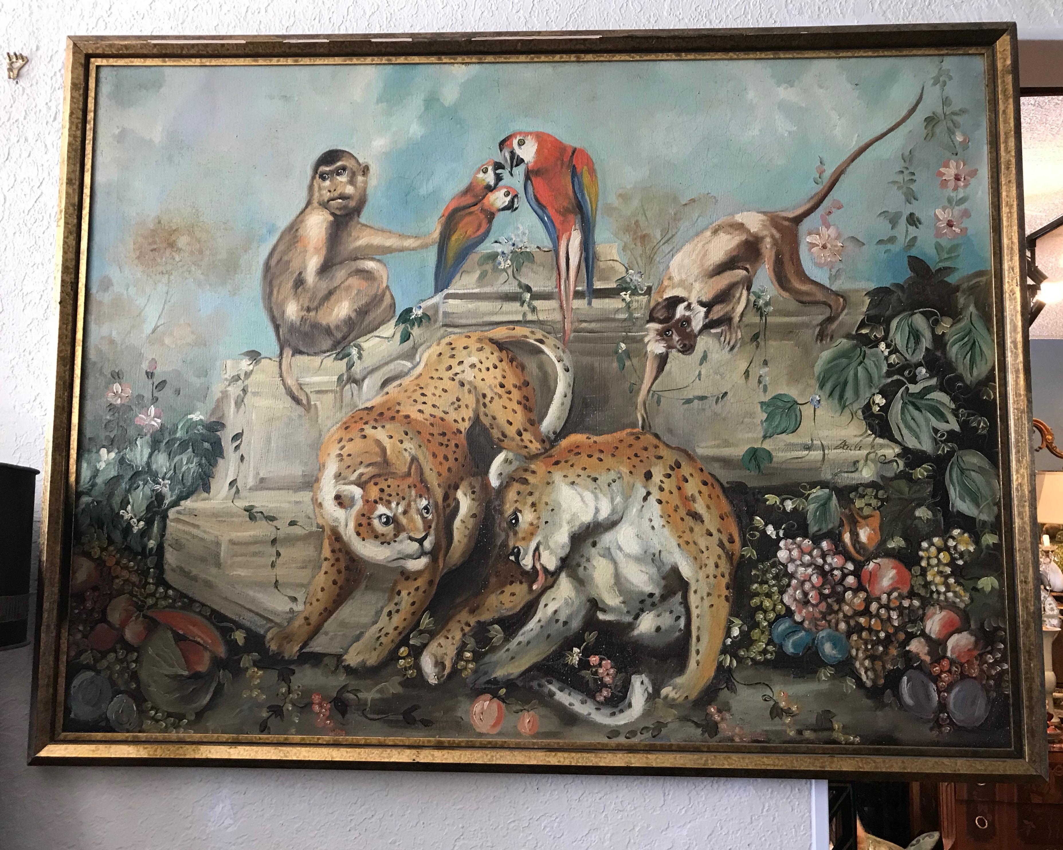 Whimsical Vintage Palm Beach Mural of Twin Leopards In Good Condition In West Palm Beach, FL