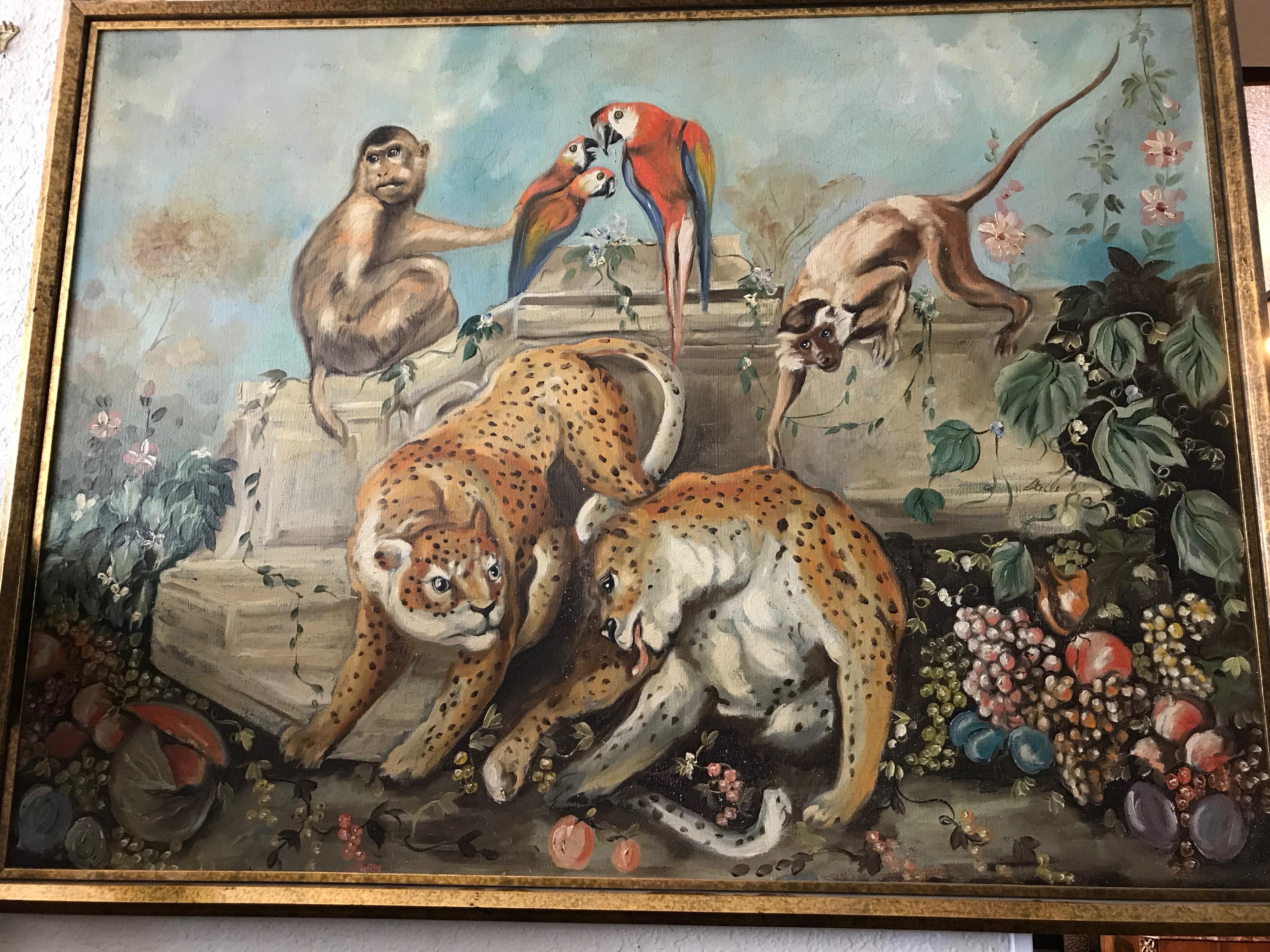 20th Century Whimsical Vintage Palm Beach Mural of Twin Leopards