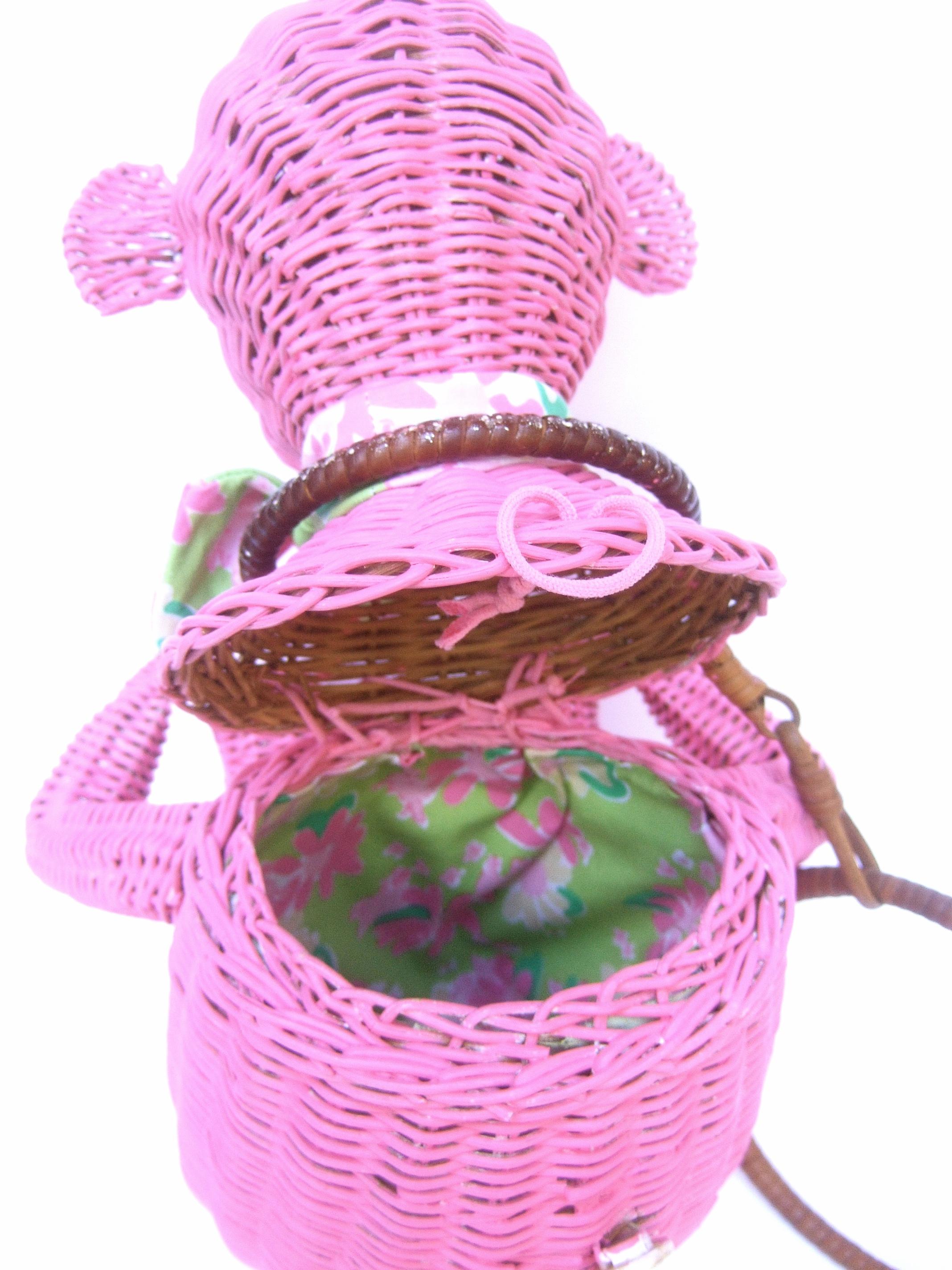 Whimsical Vintage Wicker Monkey Handbag With Lilly Pulitzer Fabric c 1950's  4