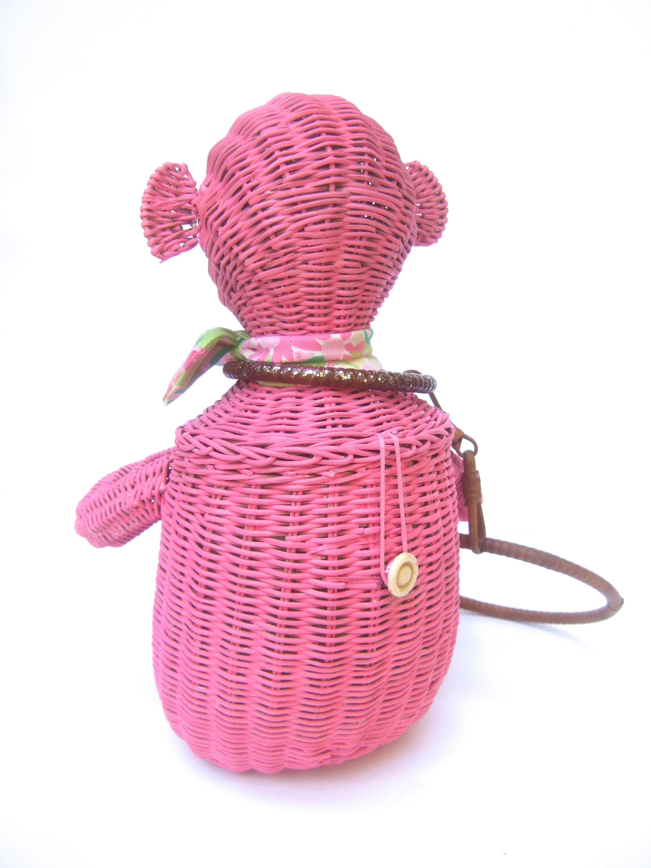 Whimsical Vintage Wicker Monkey Handbag With Lilly Pulitzer Fabric c 1950's  6