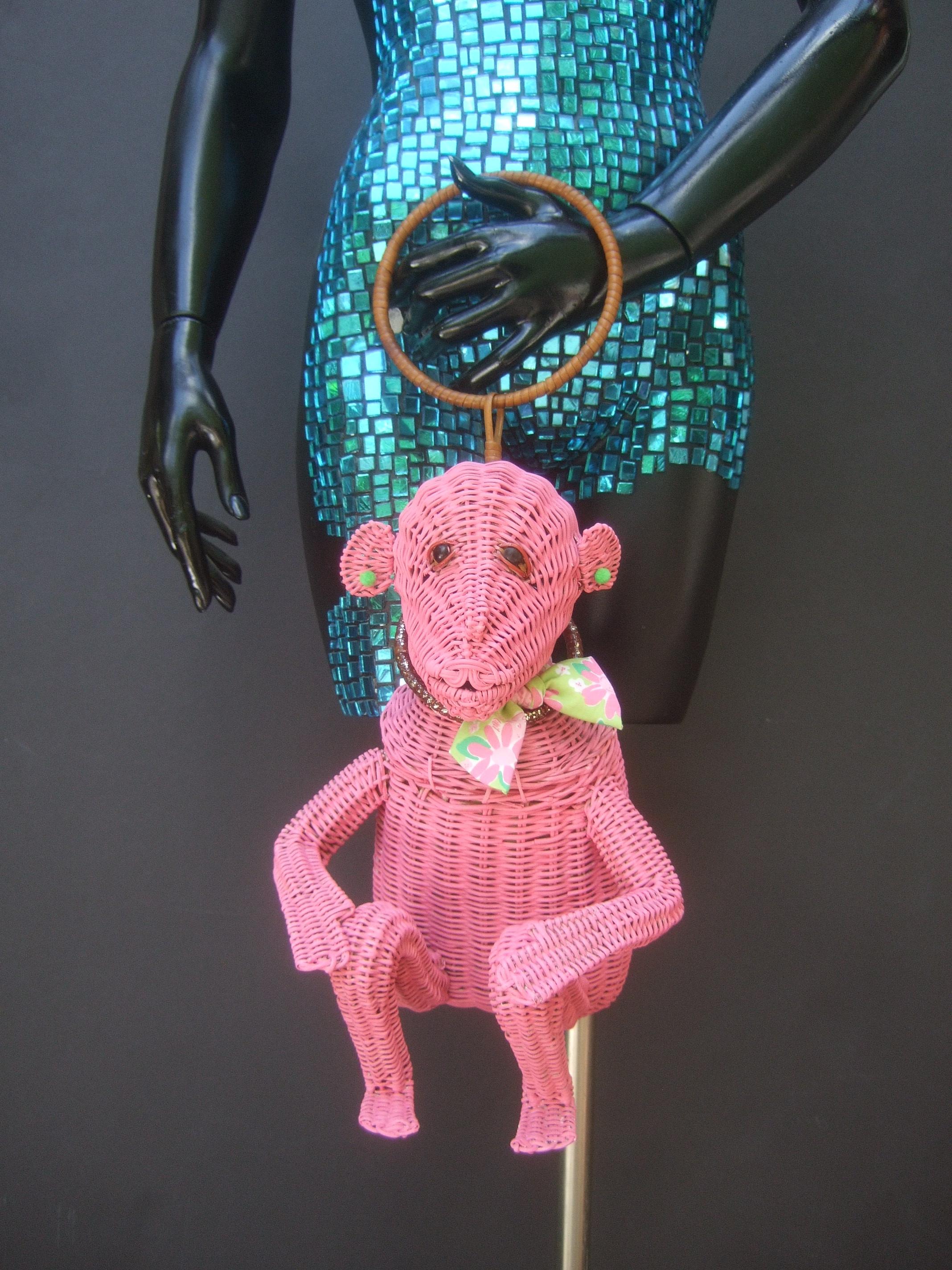 Pink Whimsical Vintage Wicker Monkey Handbag With Lilly Pulitzer Fabric c 1950's 