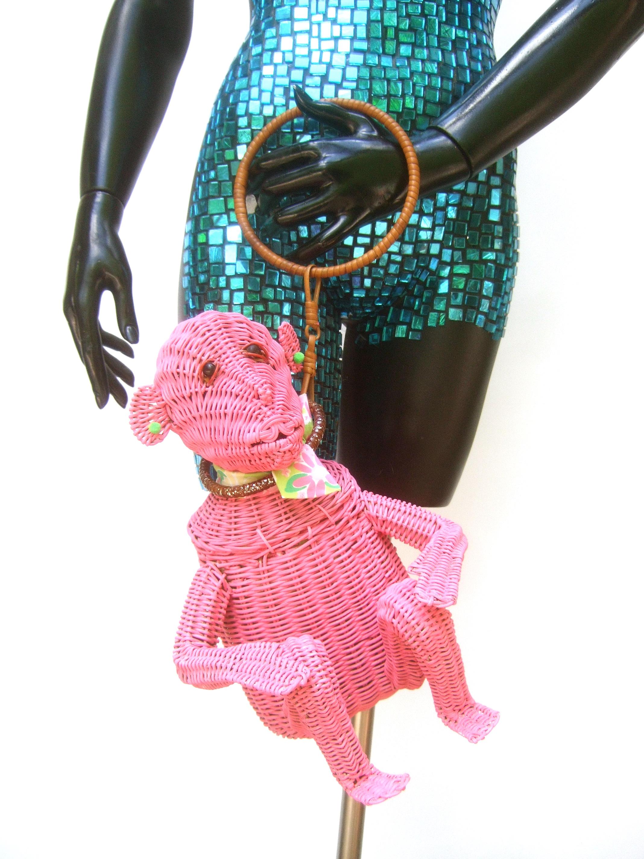 Whimsical Vintage Wicker Monkey Handbag With Lilly Pulitzer Fabric c 1950's  In Good Condition In University City, MO